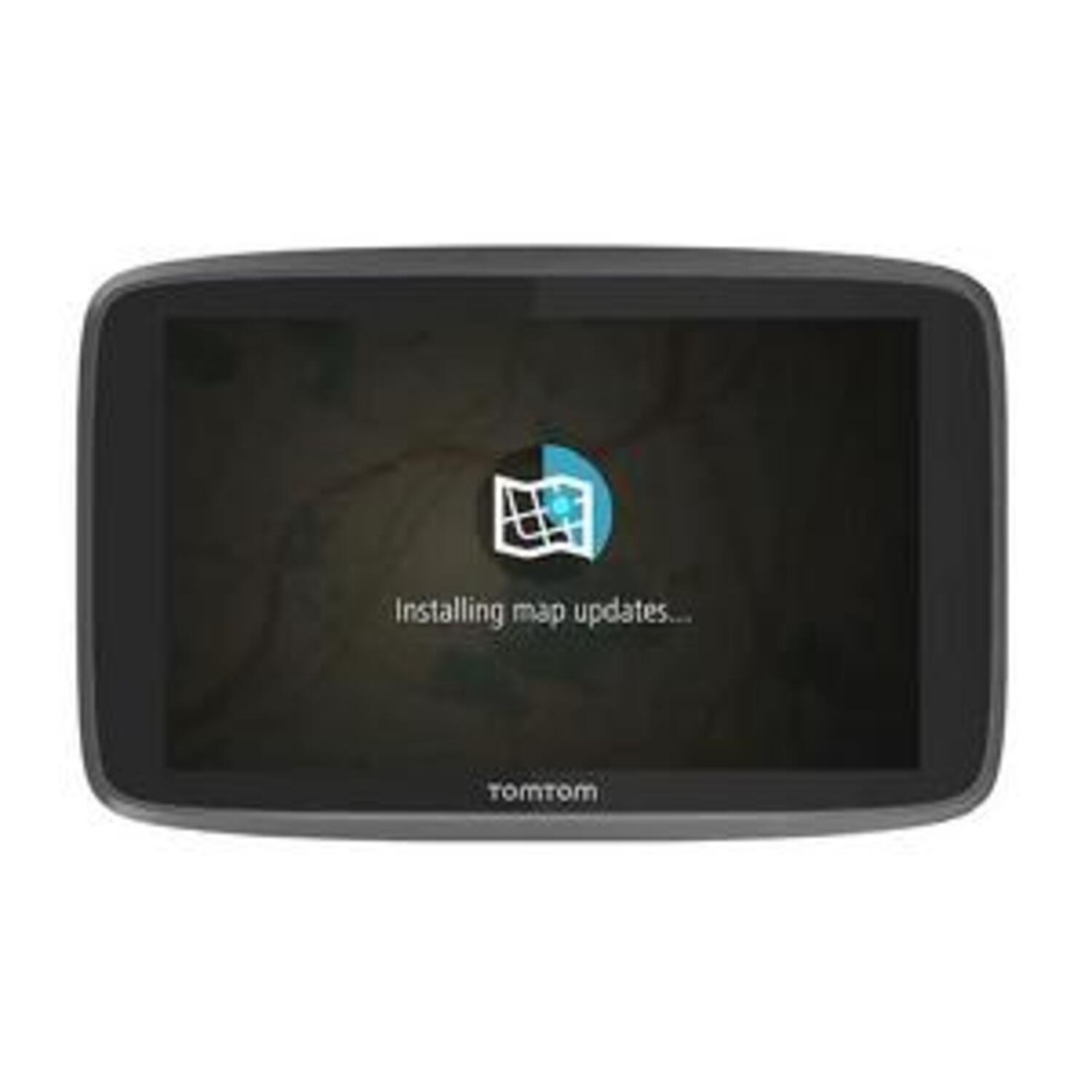 Een TomTom GPS-apparaat met een scherm met 'Installing map updates...' met een kaartpictogram en het TomTom-logo.