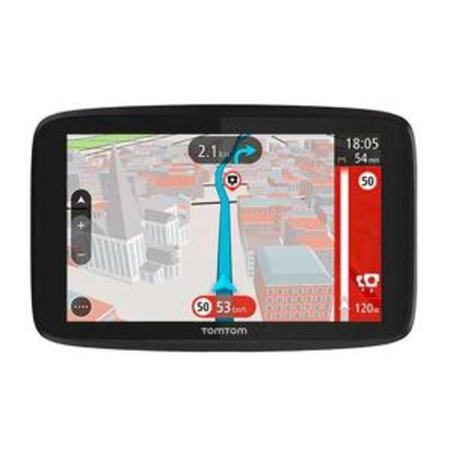 GPS-apparaat met kaart waarop een route wordt weergegeven. Zwarte rand, witte achtergrond.