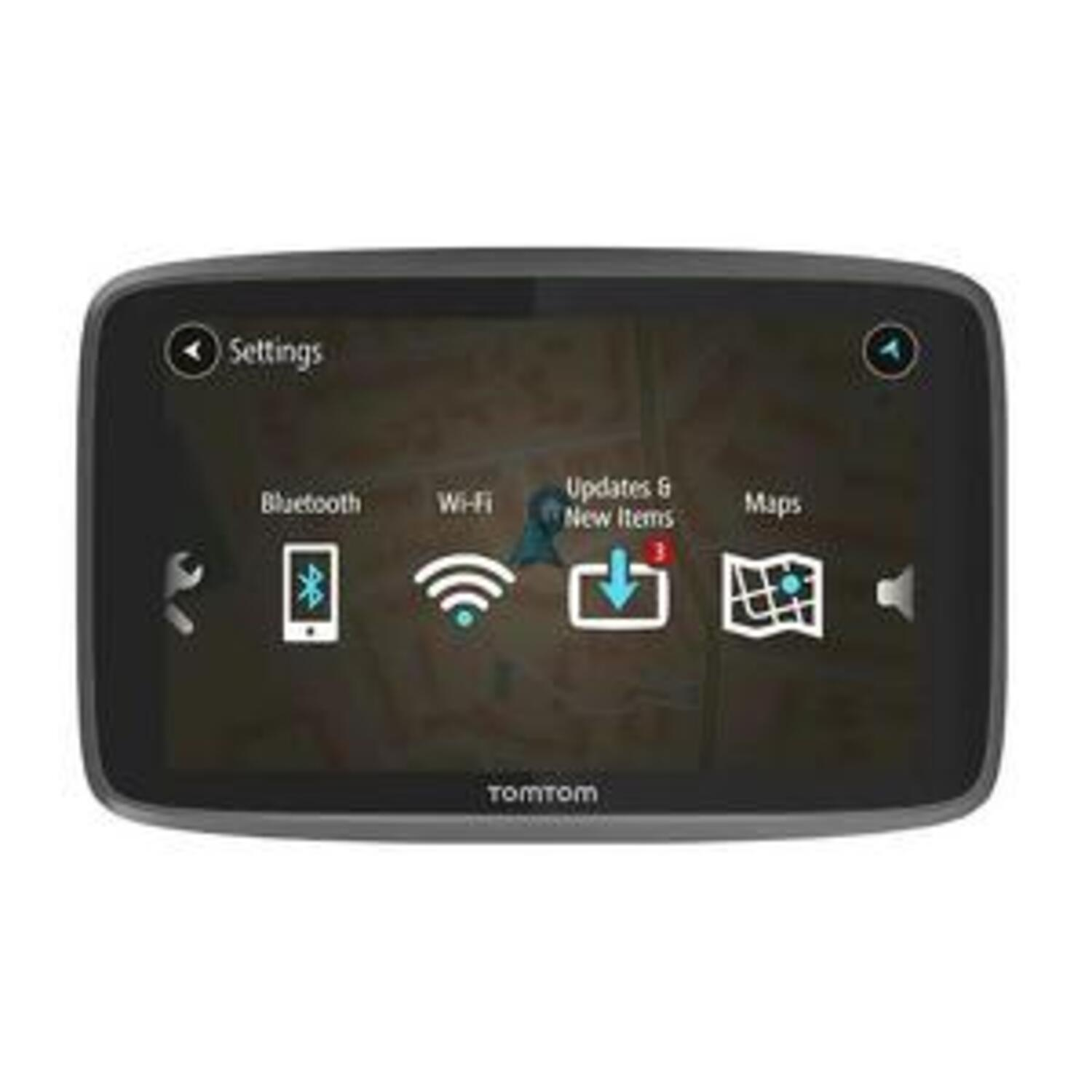 GPS-apparaat met een kaart met pictogrammen voor instellingen en wifi.