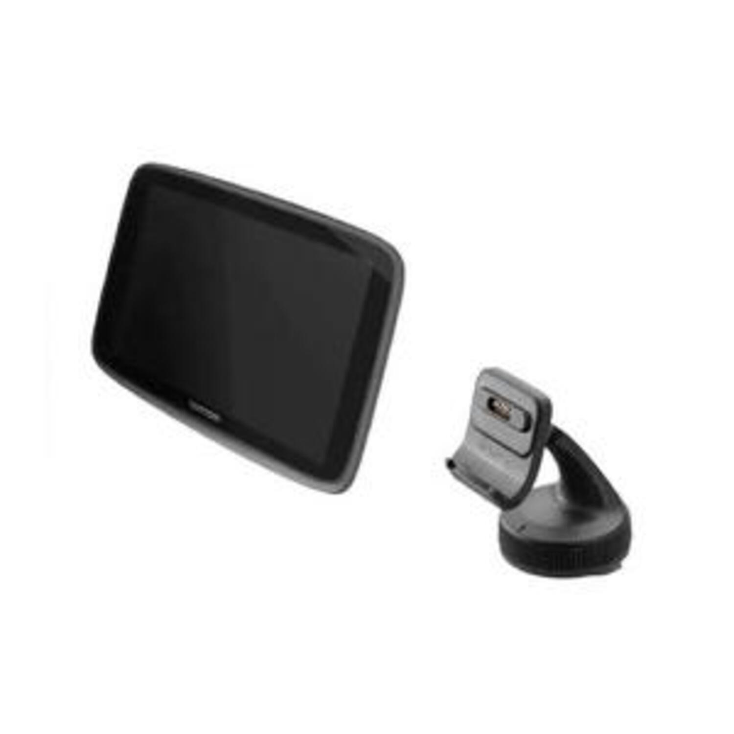 Zwart TomTom GPS-apparaat en de houder op een wit oppervlak. Het scherm is zwart.