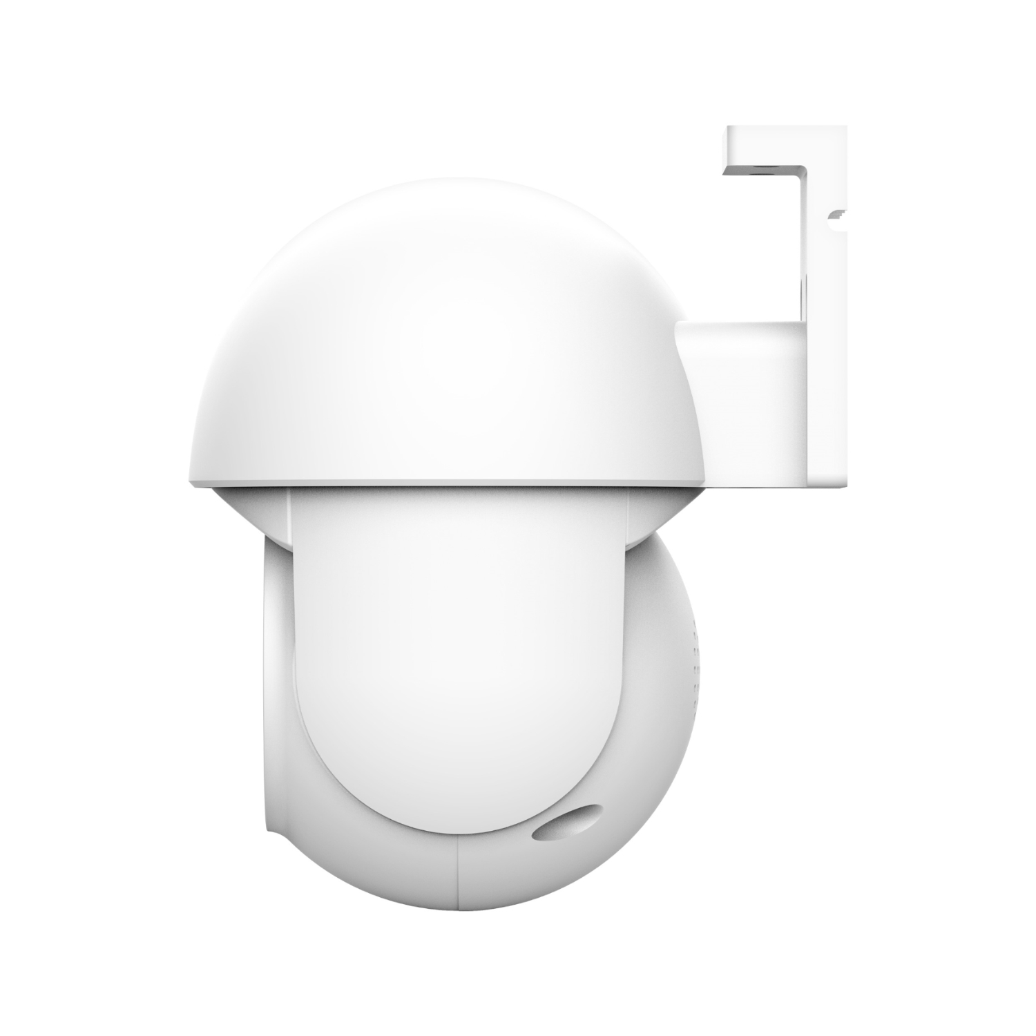 Una telecamera di sicurezza bianca con la parte superiore arrotondata e una staffa di montaggio.