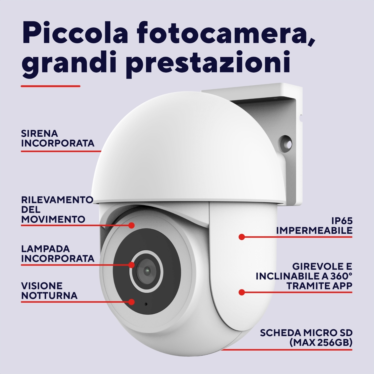 Telecamera di sicurezza bianca con etichette di testo e sfondo viola. Include una sirena.