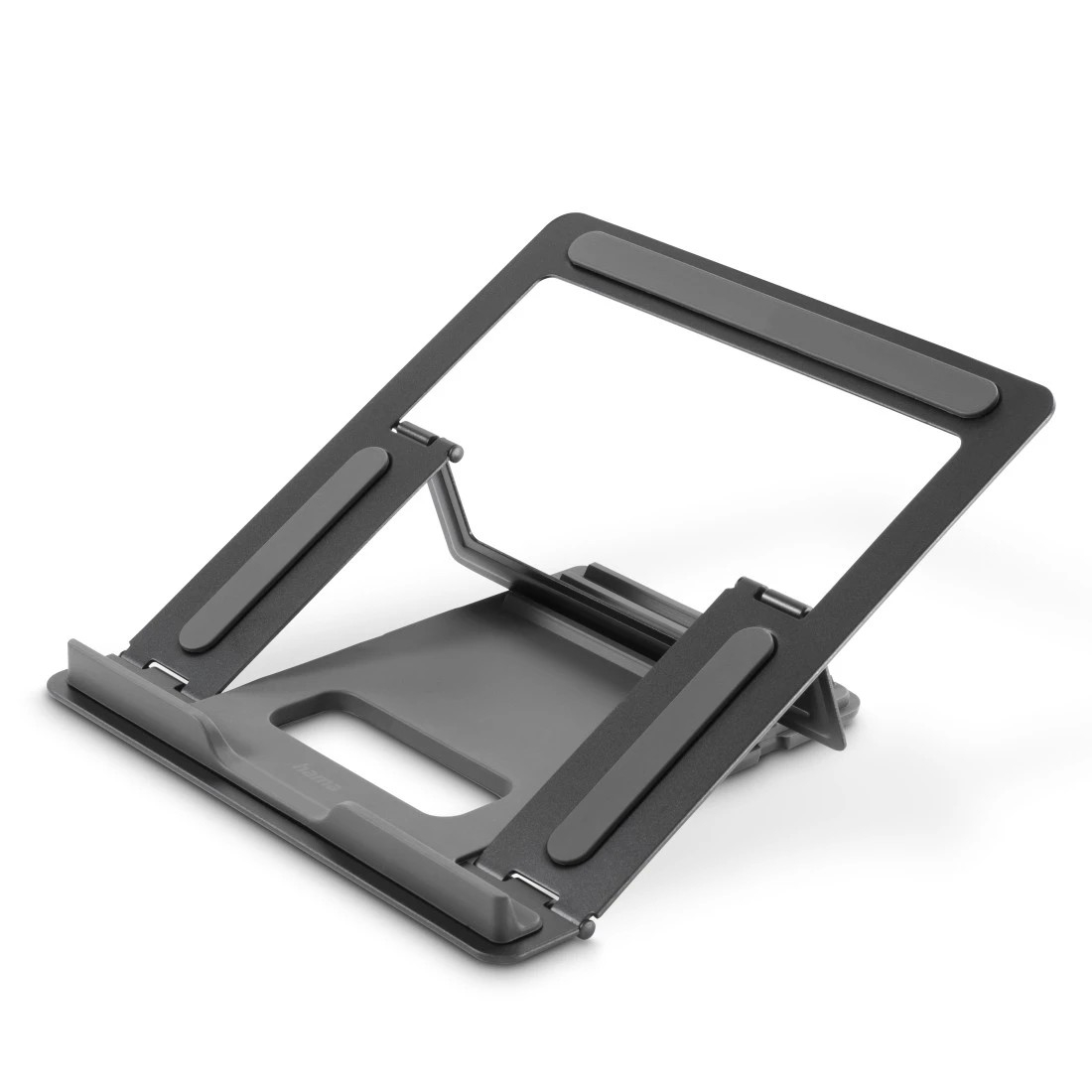 Laptopständer, grau, verstellbar und faltbar. Auf weißer Oberfläche.