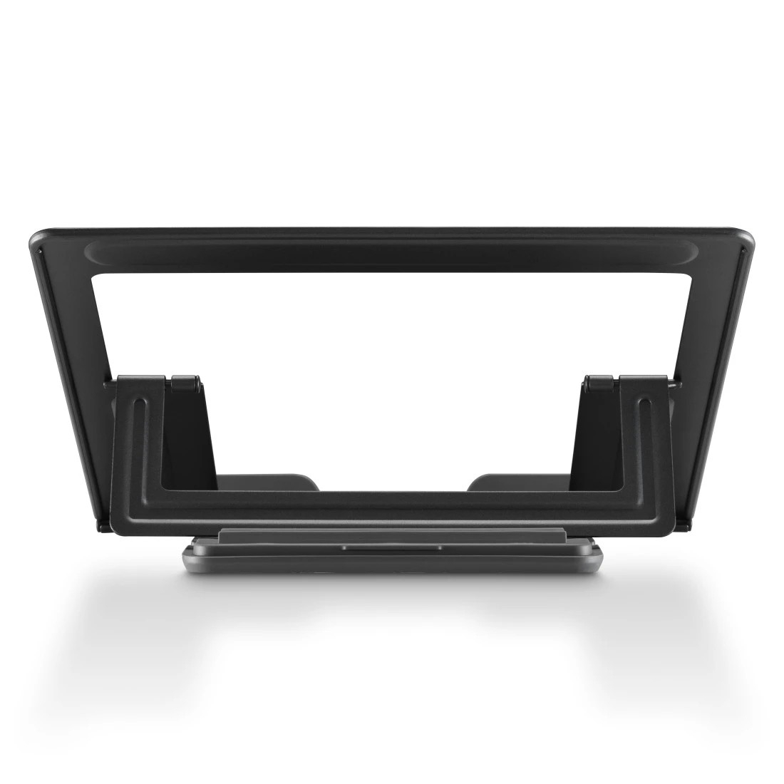 Ein schwarzer Laptop-Ständer steht auf einer weißen Oberfläche. Der Ständer ist geöffnet.