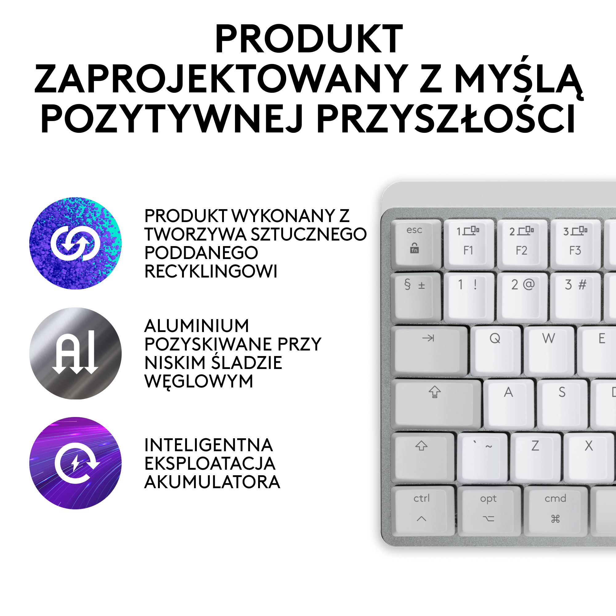 Biała klawiatura z tekstem o materiałach z recyklingu.