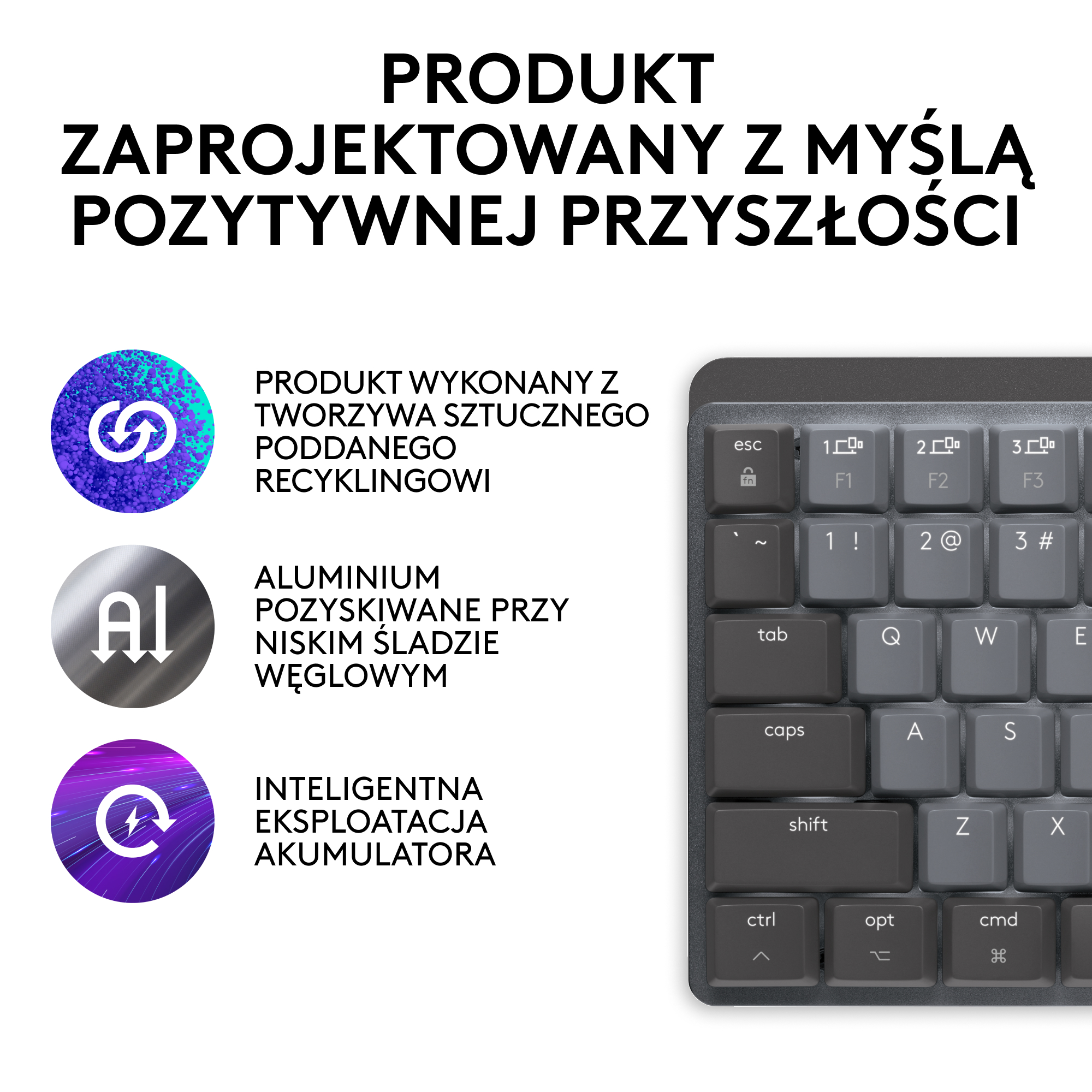 Zbliżenie klawiatury z tekstem o cechach produktu i logo.