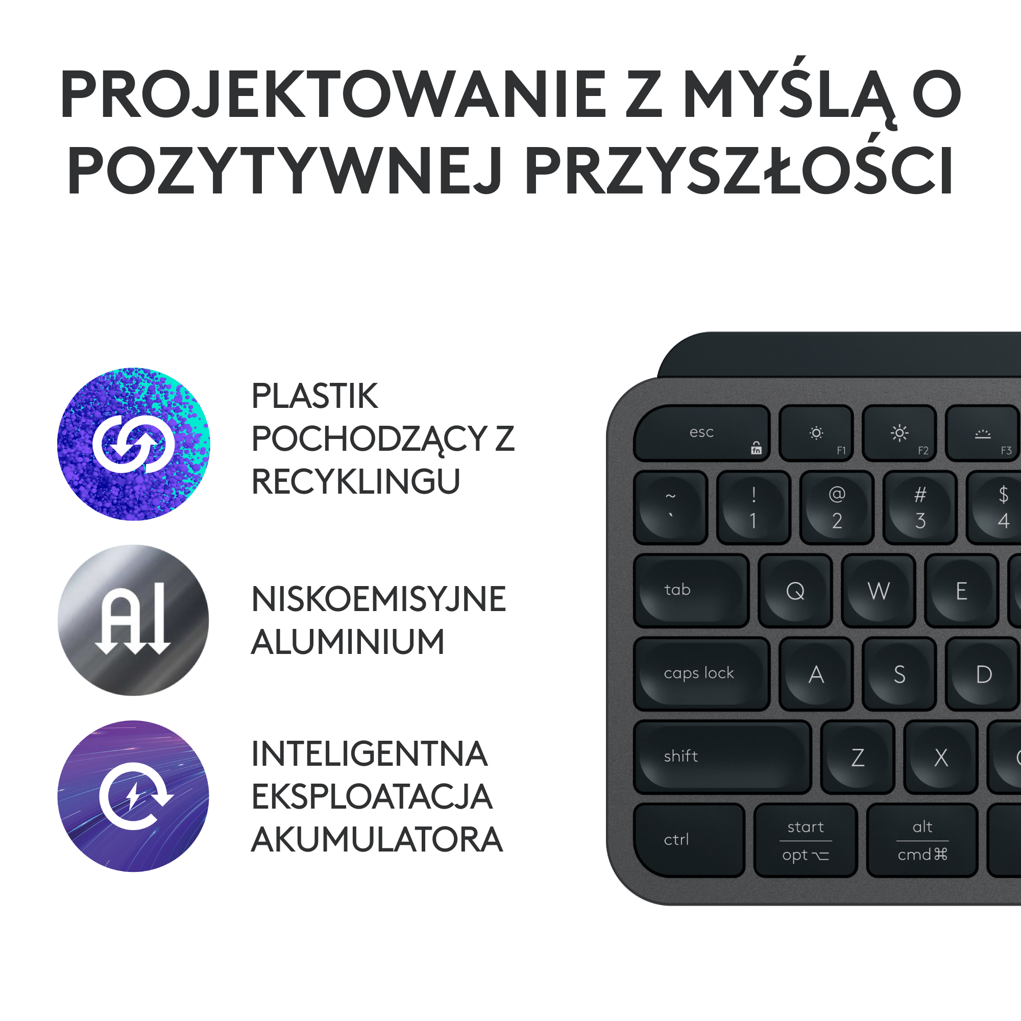 Czarna klawiatura z ikonami i tekstem. Tekst po lewej stronie i klawisze pośrodku.