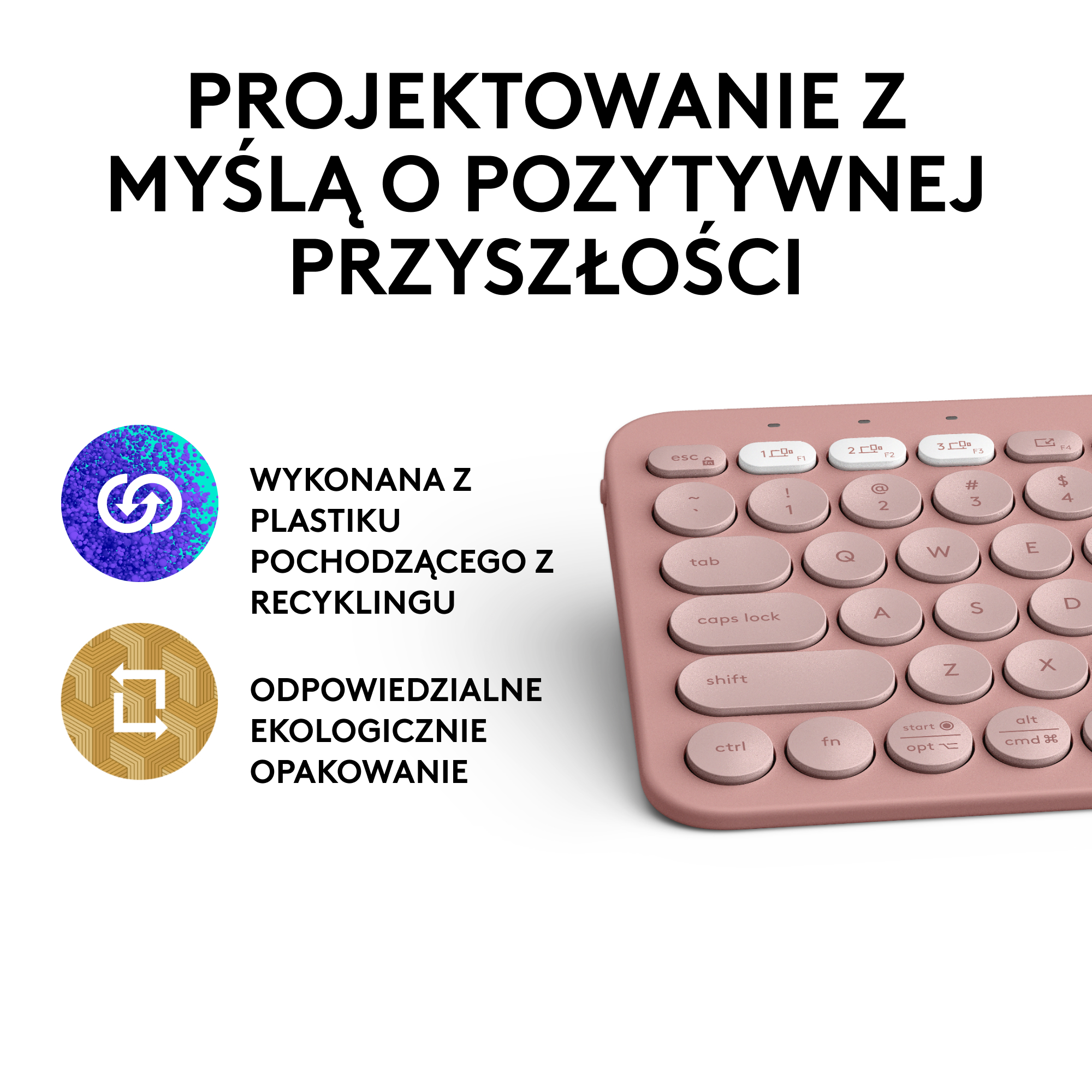 Różowa klawiatura z tekstem i logo o recyklingu i zrównoważonym opakowaniu.