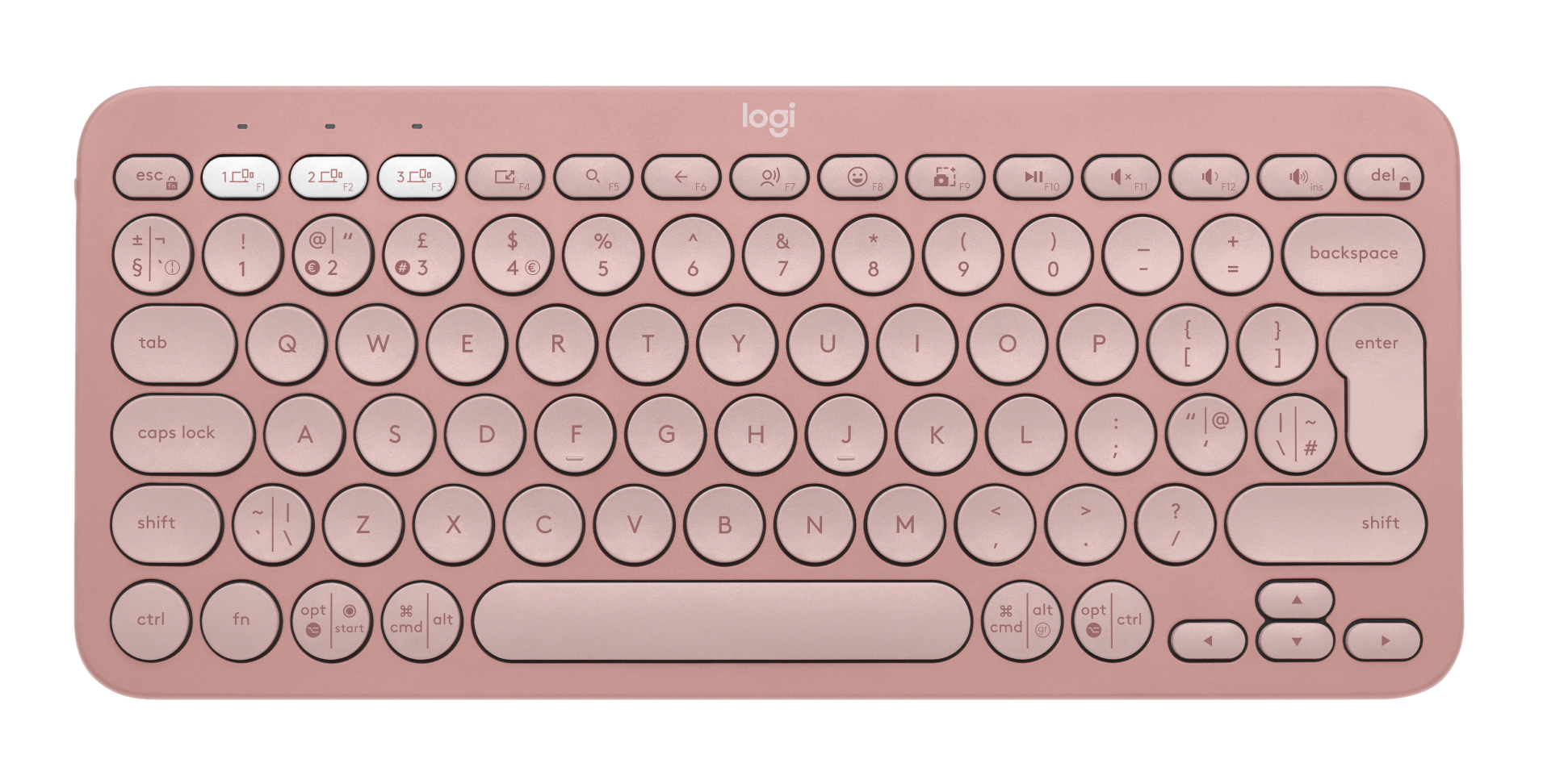 Klawiatura w kolorze różowego złota z okrągłymi klawiszami na białym tle.