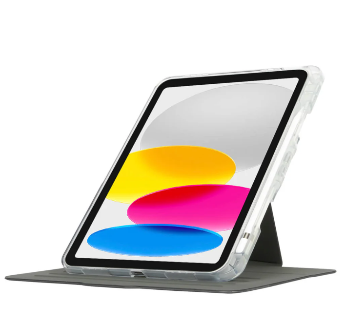Renkli duvar kağıdı gösteren, standa dayalı şeffaf kasalı tablet.