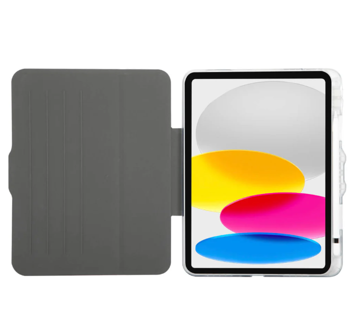 Ekranında renkli ovalar bulunan, açık koruyucu kılıflı gri tablet.