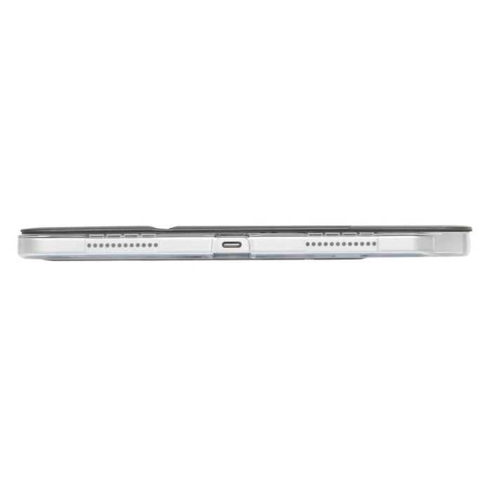 USB-C bağlantı noktası ve hoparlör ızgaralarına sahip gri tablet kılıfı.
