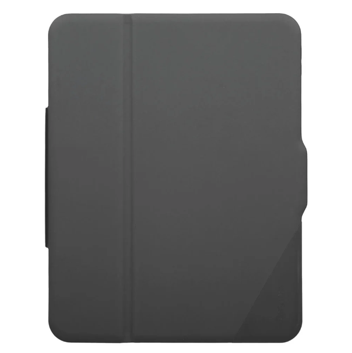 Katlanmış kapaklı ve yuvarlak köşeli koyu gri tablet kılıfı.