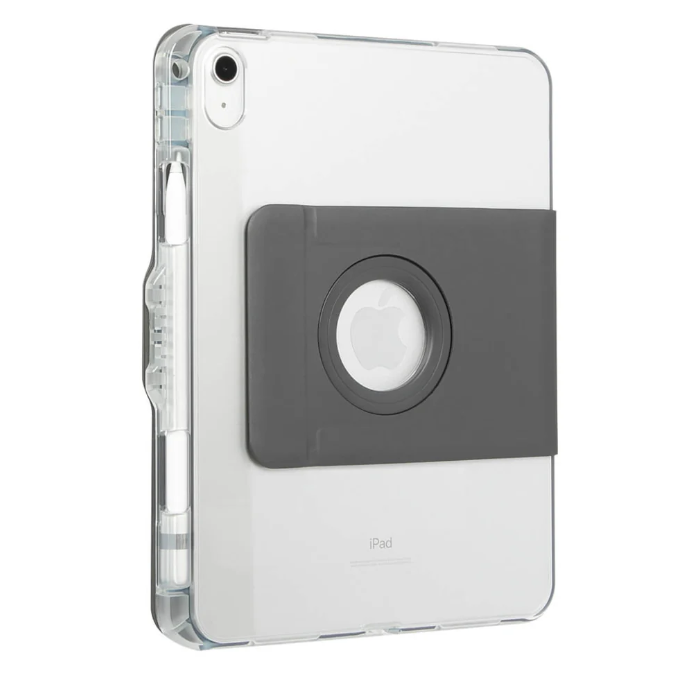 Koyu tutma yeri ve Apple logosu olan şeffaf iPad kılıfının arkası.