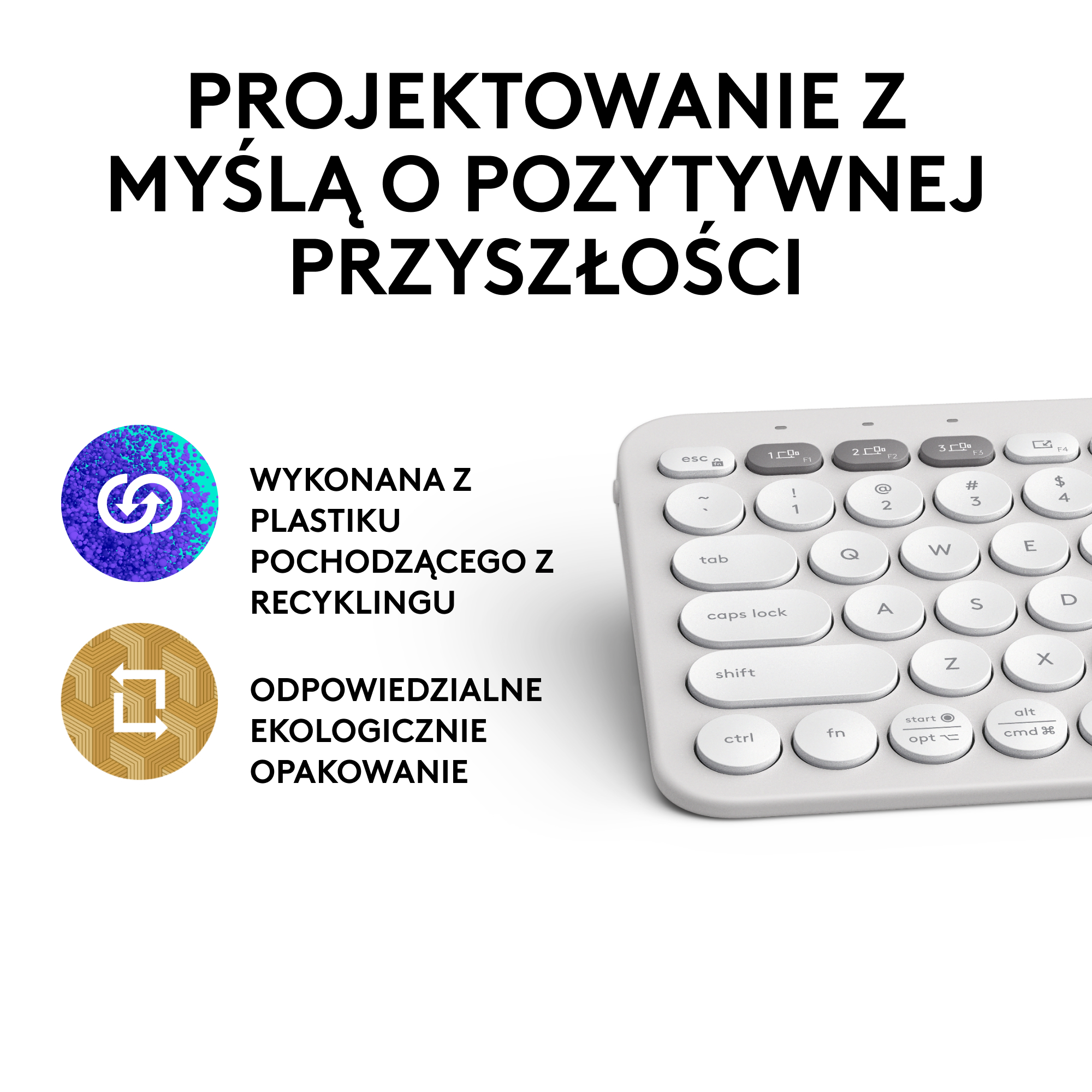 Szara klawiatura z ikonami: plastik z recyklingu, opakowanie i ekologiczne.