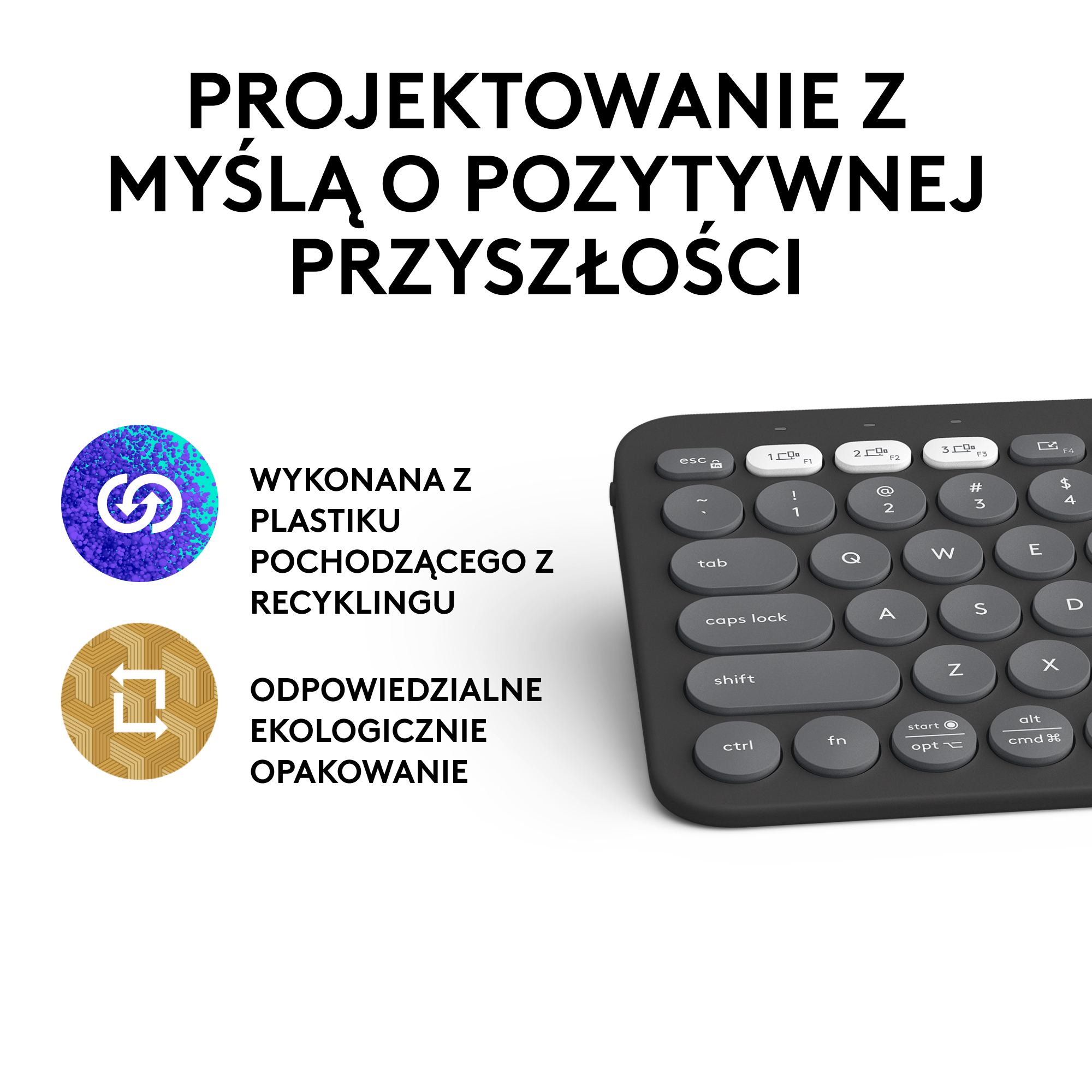 Klawiatura i ikony zrównoważonego rozwoju z tekstem: Wykonane z plastiku pochodzącego z recyklingu i ekologiczne opakowania.