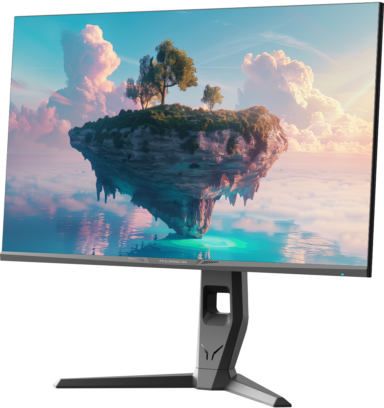 Egy számítógép monitor lebegő sziget jelenetet mutat.