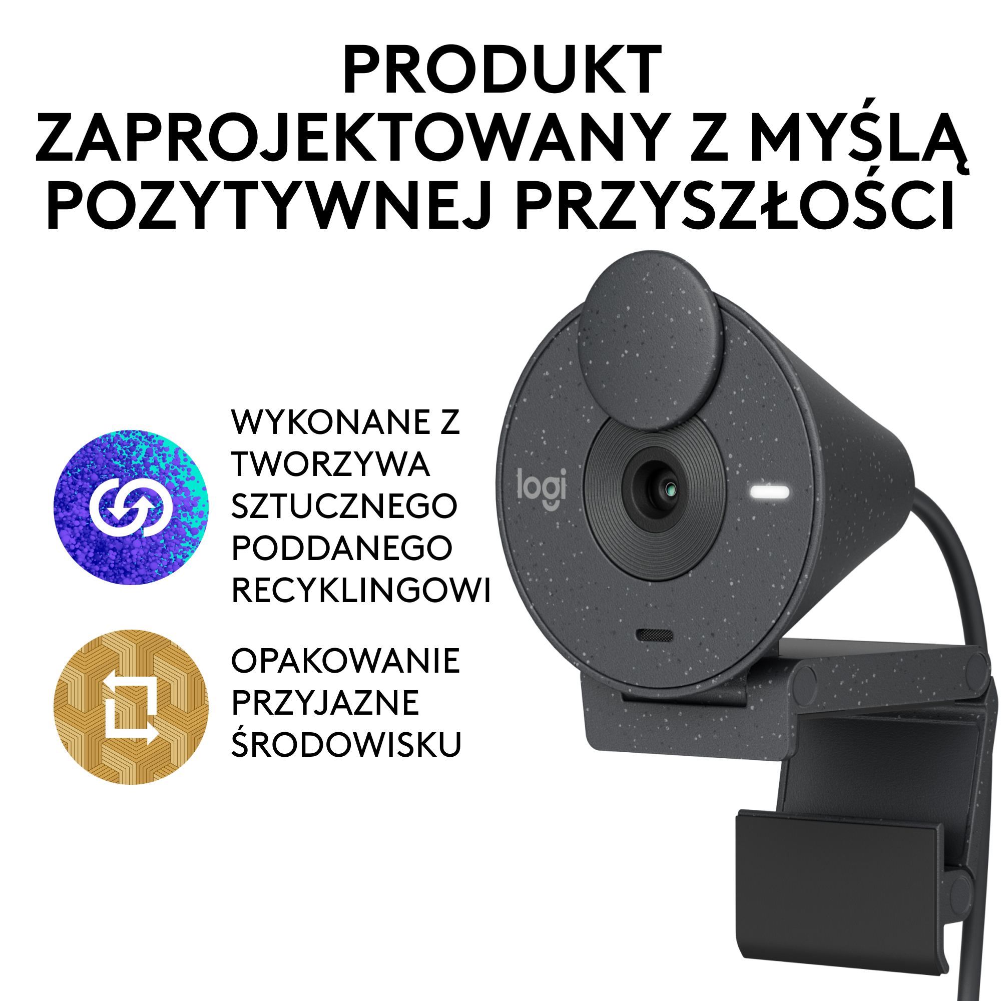 Kamera internetowa z ikonami recyklingu i ekologicznymi.