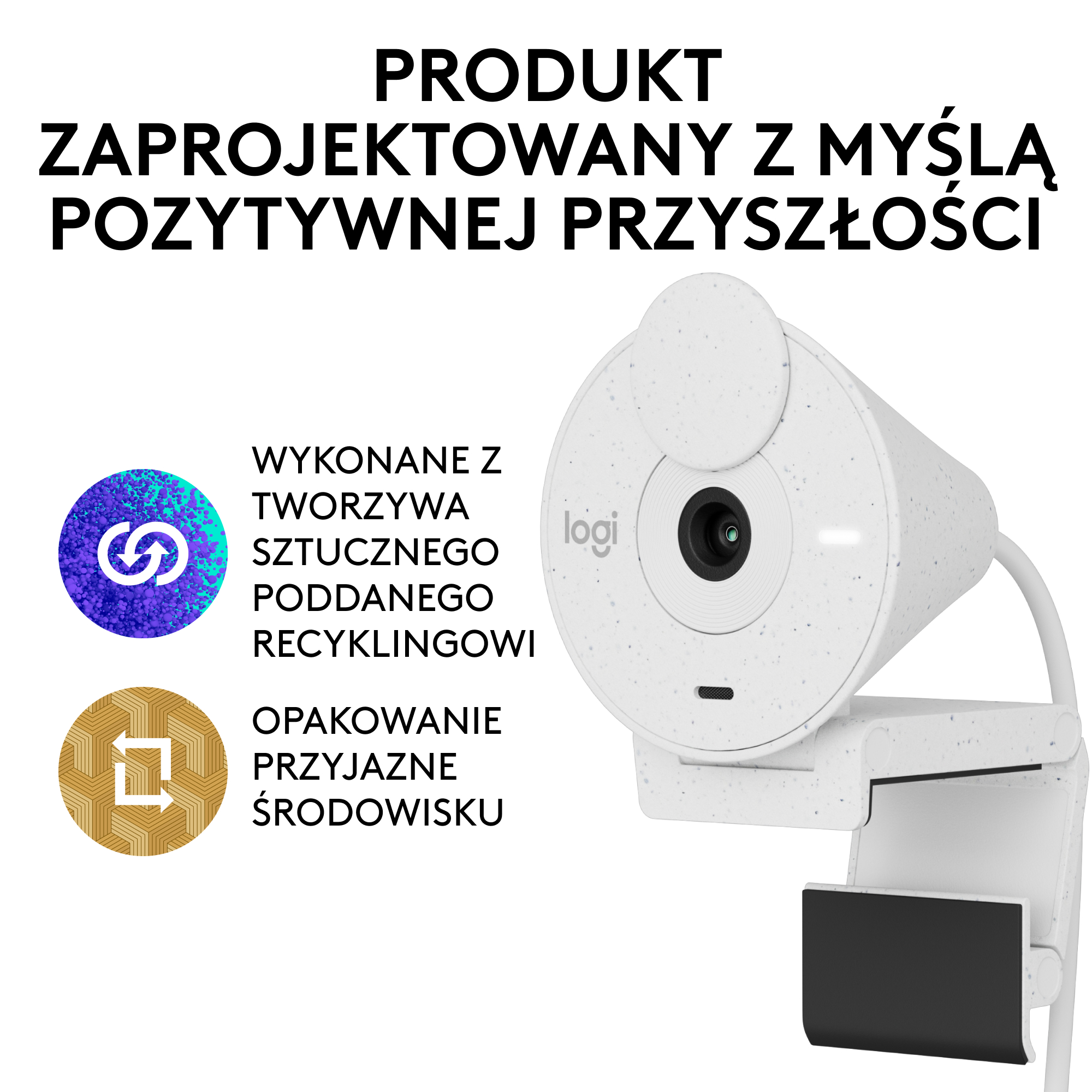 Biała kamera internetowa z czarnymi detalami, z logo Logitech i polskim tekstem o zrównoważonym rozwoju.