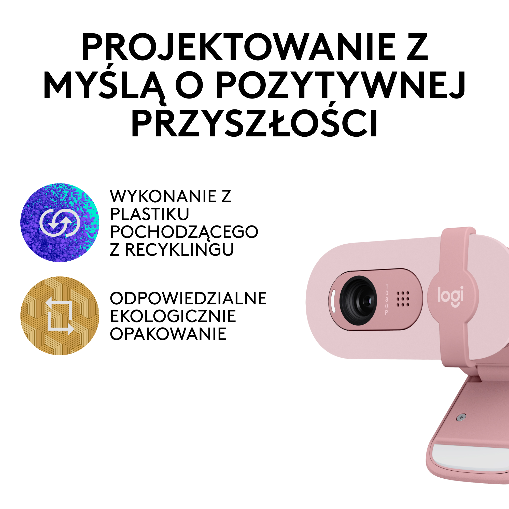 Różowa kamera internetowa Logitech z tekstem o pozytywnej przyszłości. Pokazuje recykling i ekologiczne opakowania.