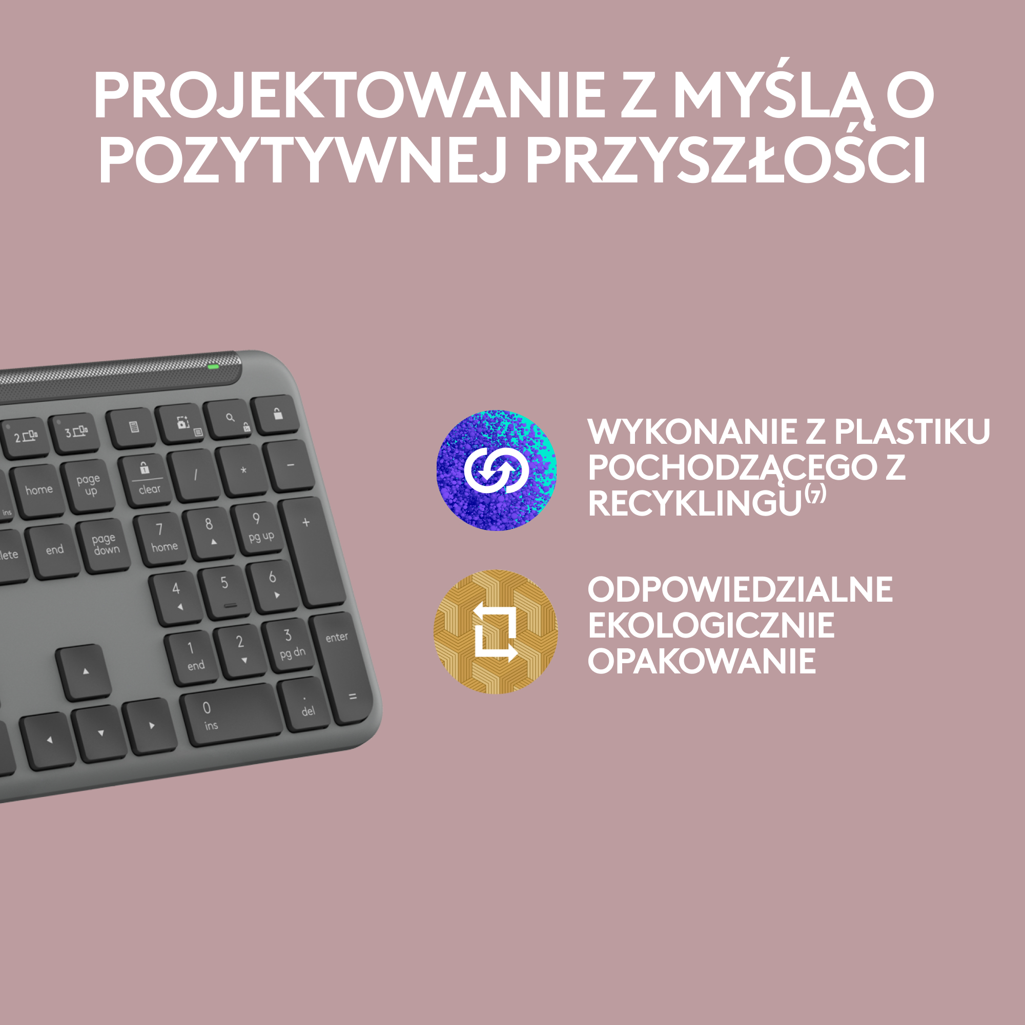 Szara klawiatura, trzy okrągłe ikony na różowym tle, z tekstem.