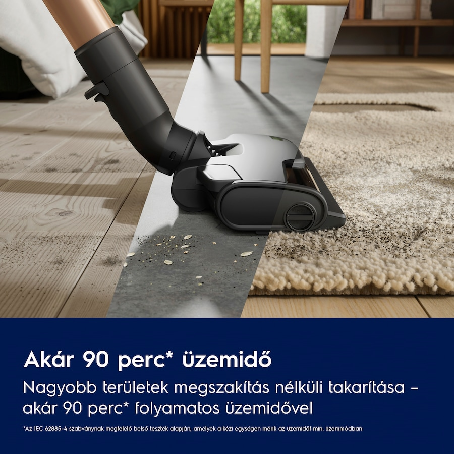 Porszívófej felületet tisztít. Szöveg: Akár 90 perc üzemidő és megszakítás nélküli takarítás.
