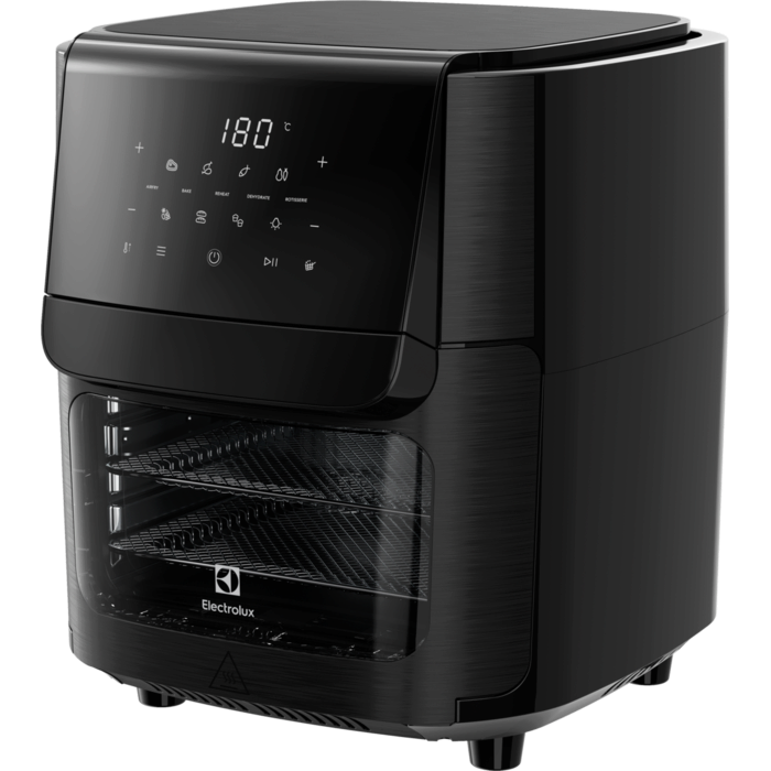 Fekete légkeveréses fritőz digitális kijelzővel, 180 Celsius fokot mutatva.