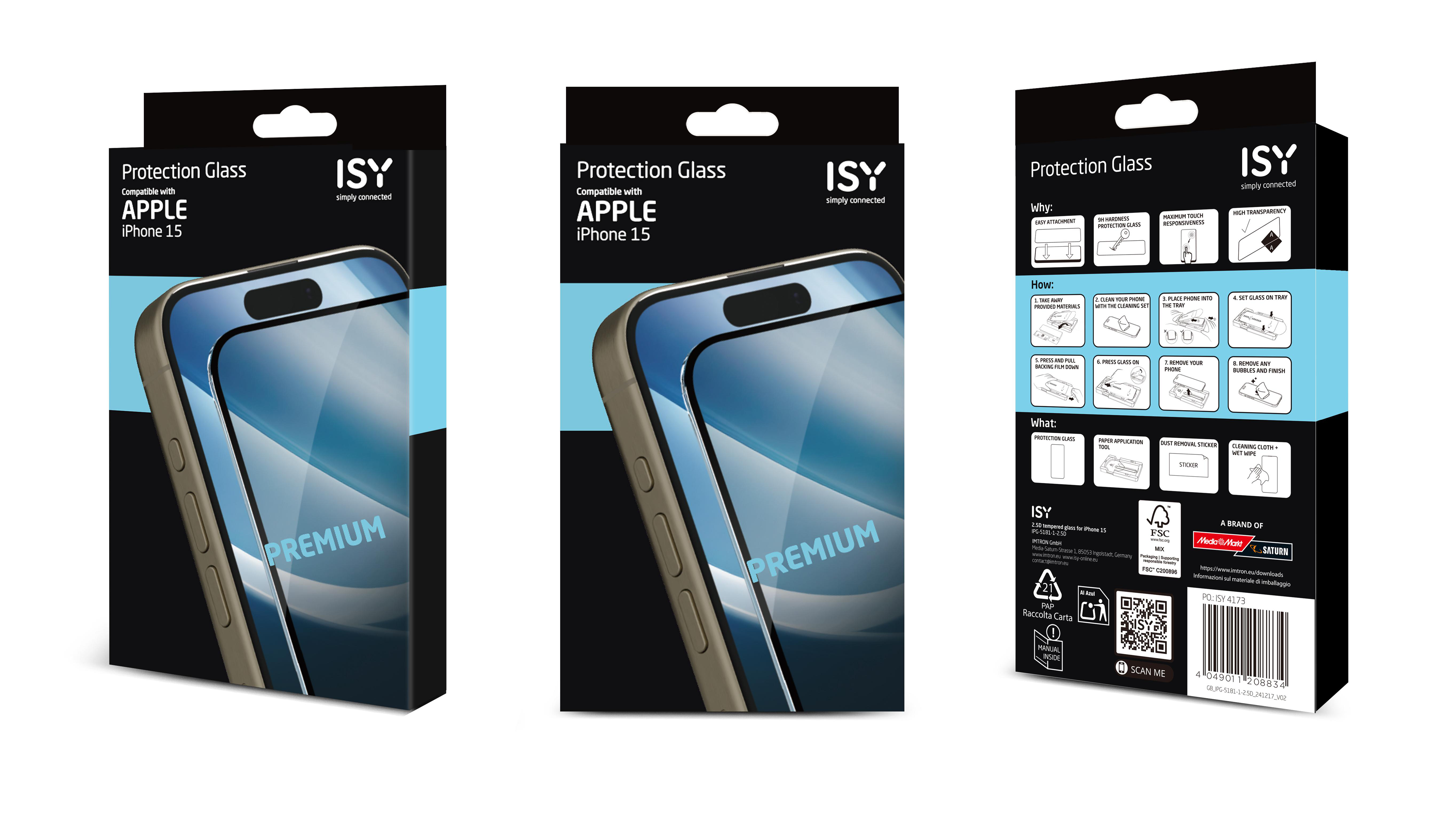 Schachtel mit ISY Schutzglas für iPhone 15. Die Schachtel zeigt das Telefon mit dem aufgetragenen Glas. Premium.