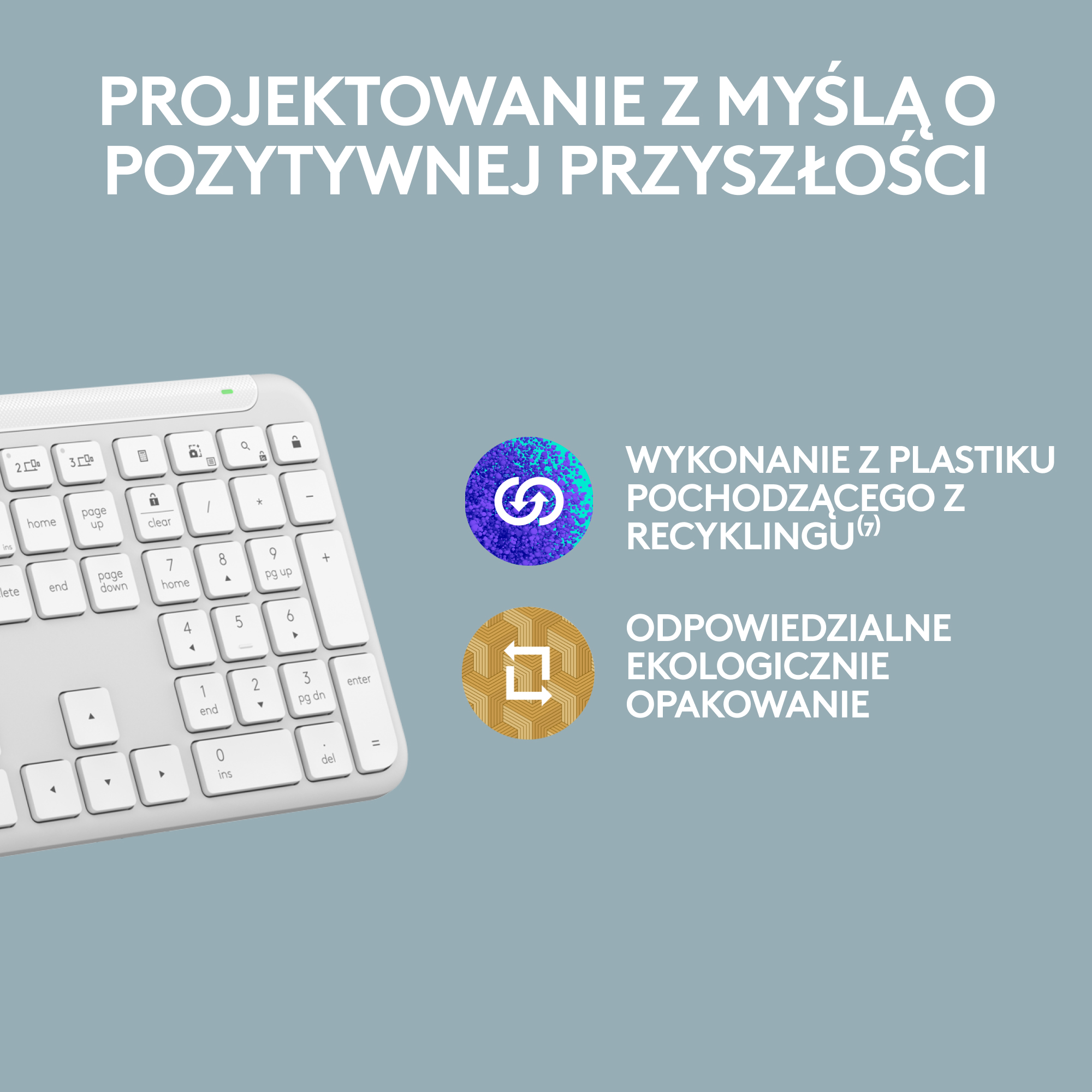 Biała klawiatura z okręgami wskazującymi plastik z recyklingu i ekologiczne opakowanie.