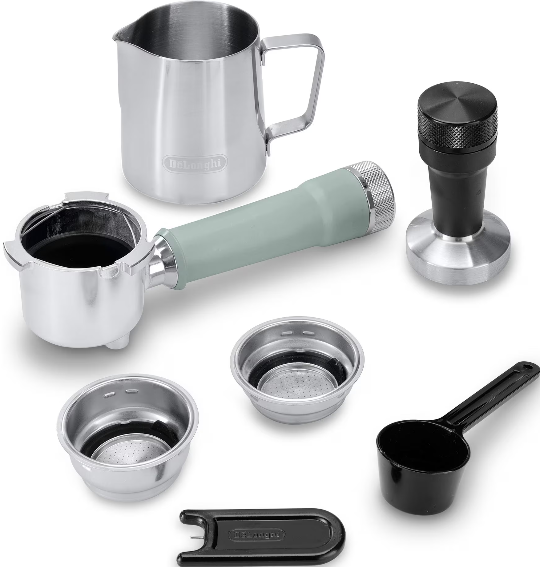 Ein Satz Zubehör für die Kaffeemaschine wird gezeigt.