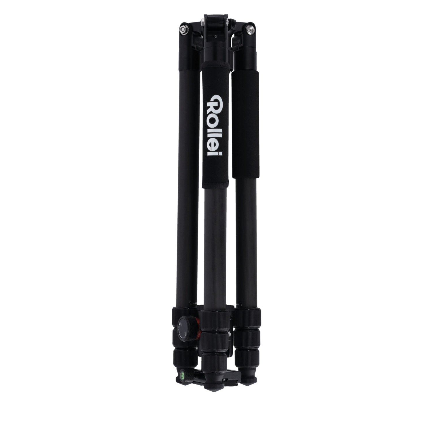 A black Rollei tripod, folded up against a white background.