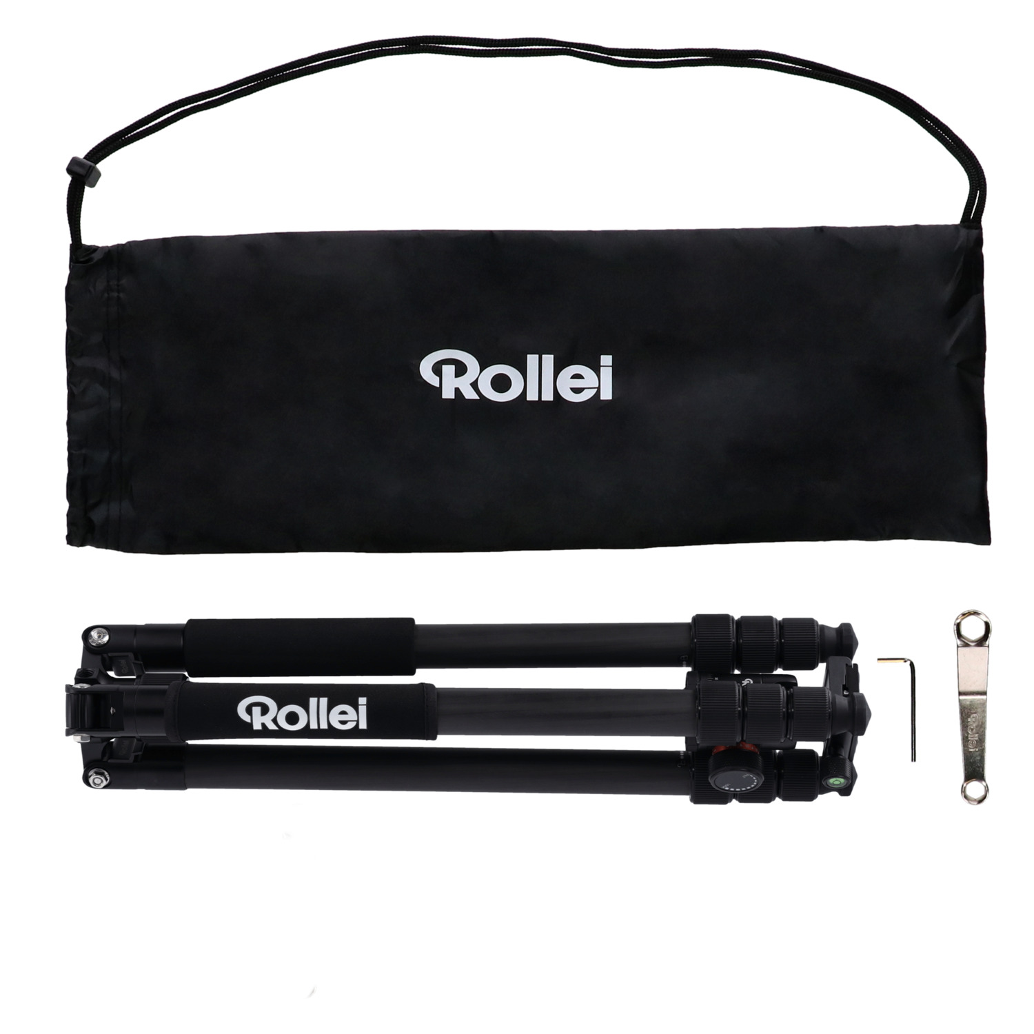 Tripod with a black bag and accessories.
