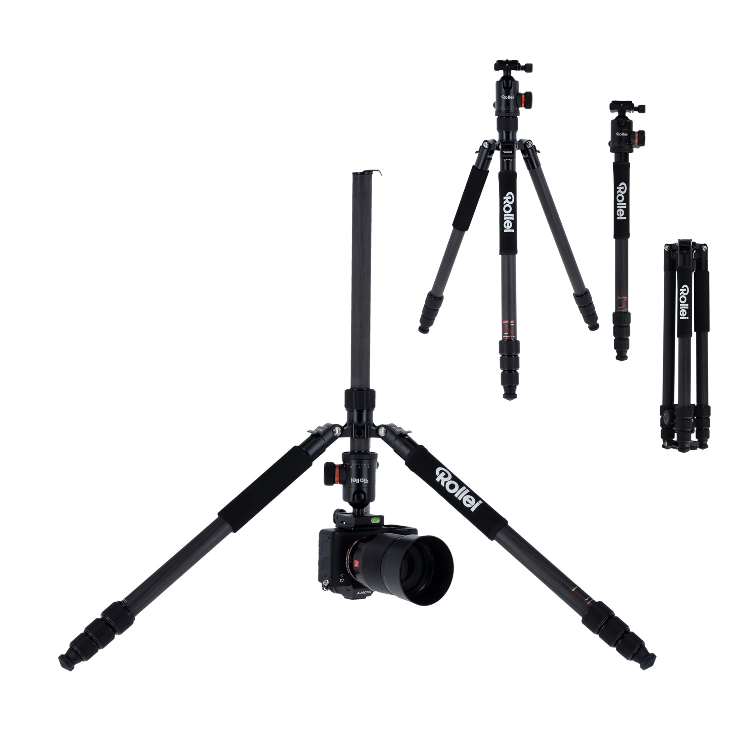A tripod with a camera mounted on it. There are also smaller, folded versions of the tripod.
