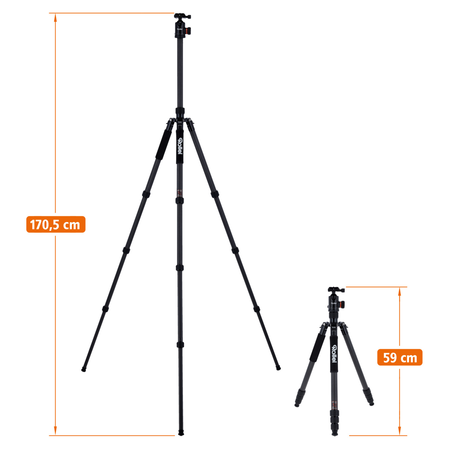 Rollei tripod, showing height comparison: 170.5 cm vs 59 cm.