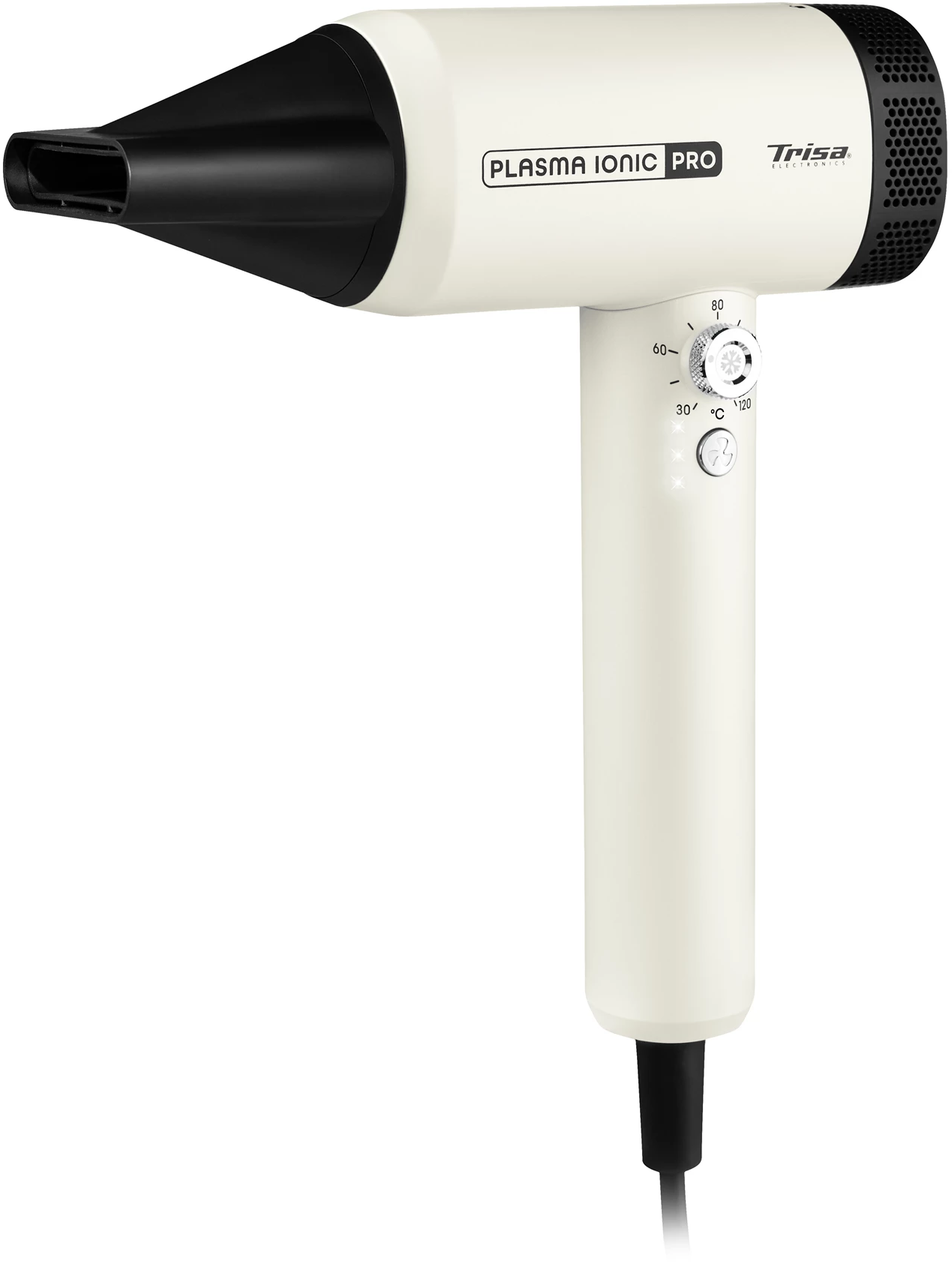 Elfenbein-Haartrockner mit schwarzer Düse, Griff und Kabel.