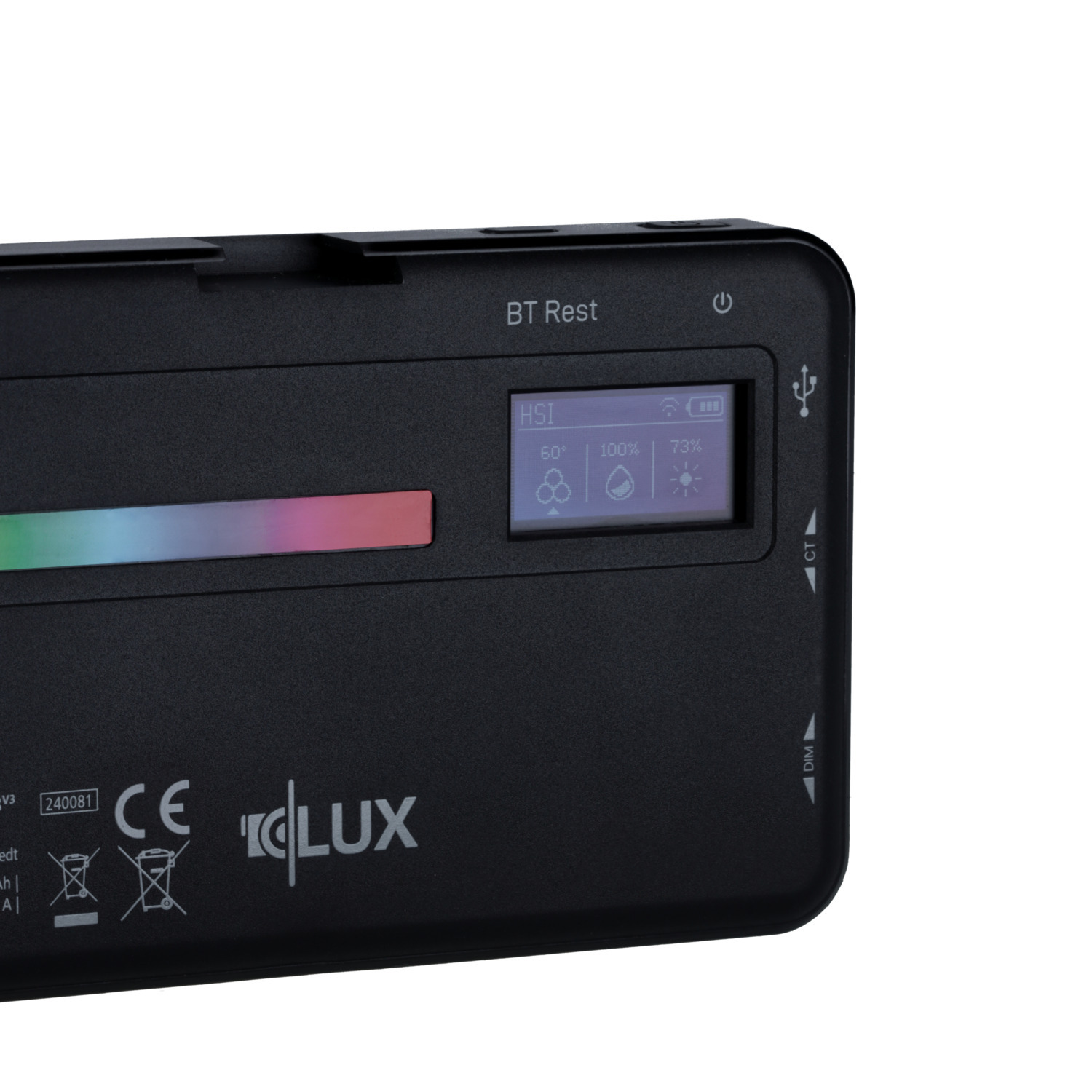 Black LED light with a display showing settings. Buttons and a USB port.