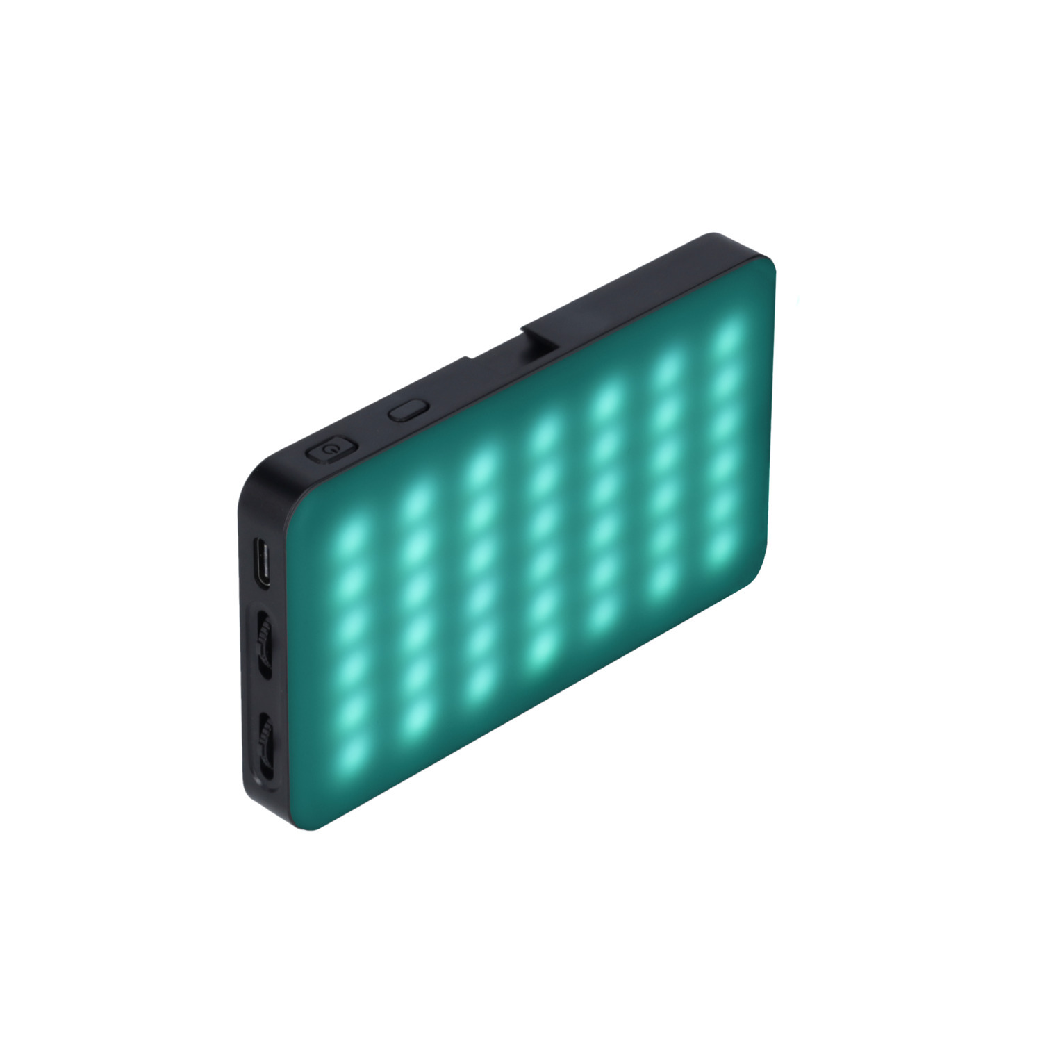 A rectangular teal LED light with power and charging ports.