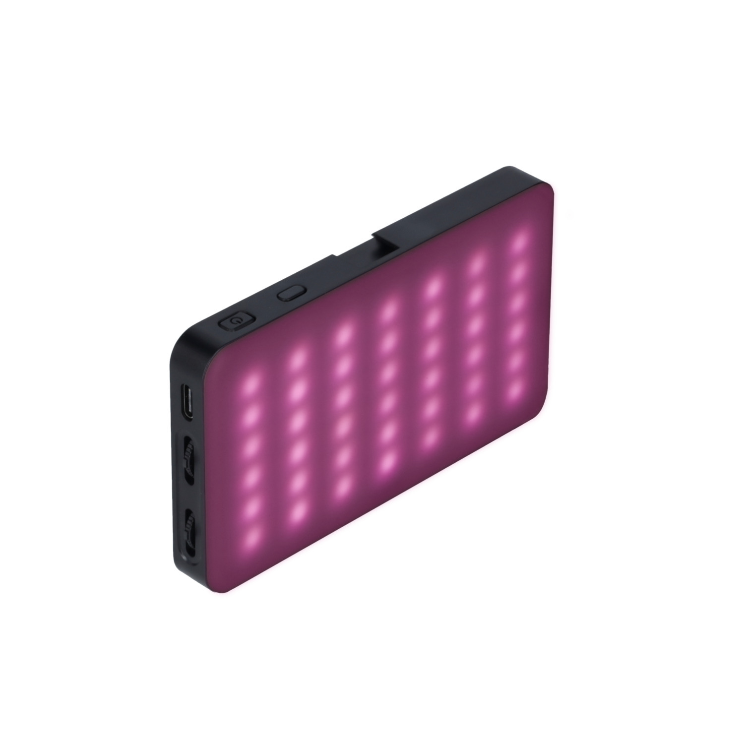A rectangular purple LED light with black edges, showing a grid pattern of lights.