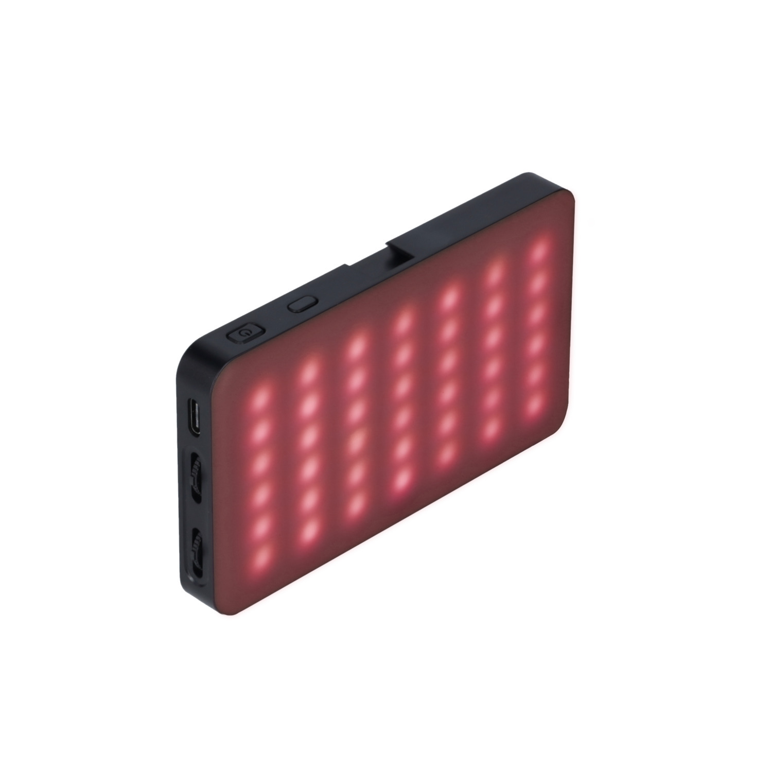 A rectangular, black and red led light device, showing a grid of red lights.