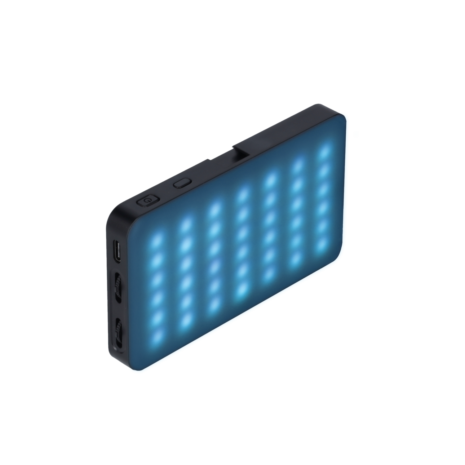 Black light panel with blue lights. Has buttons and ports on the side.