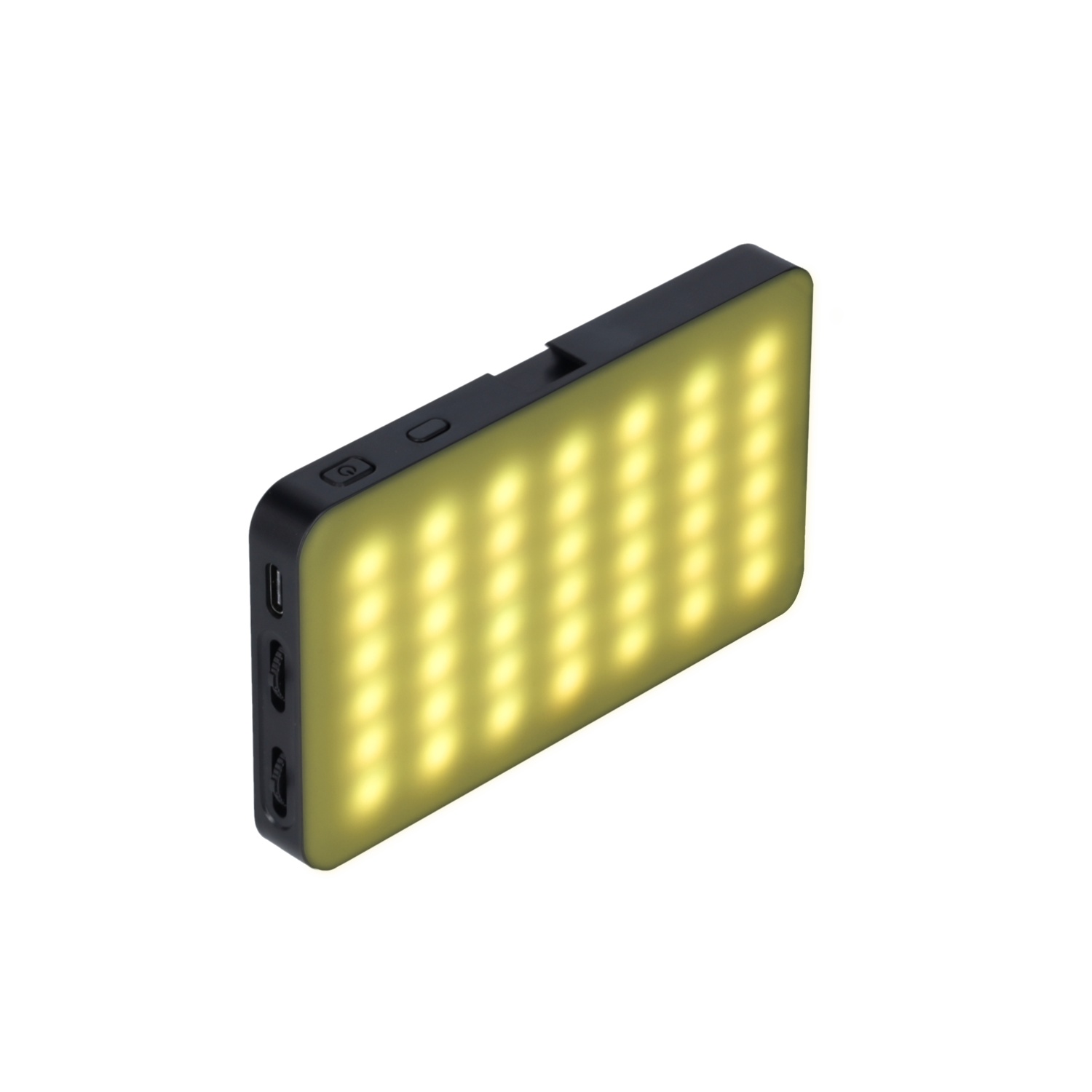 A small, rectangular LED light with a black body and bright yellow lights.