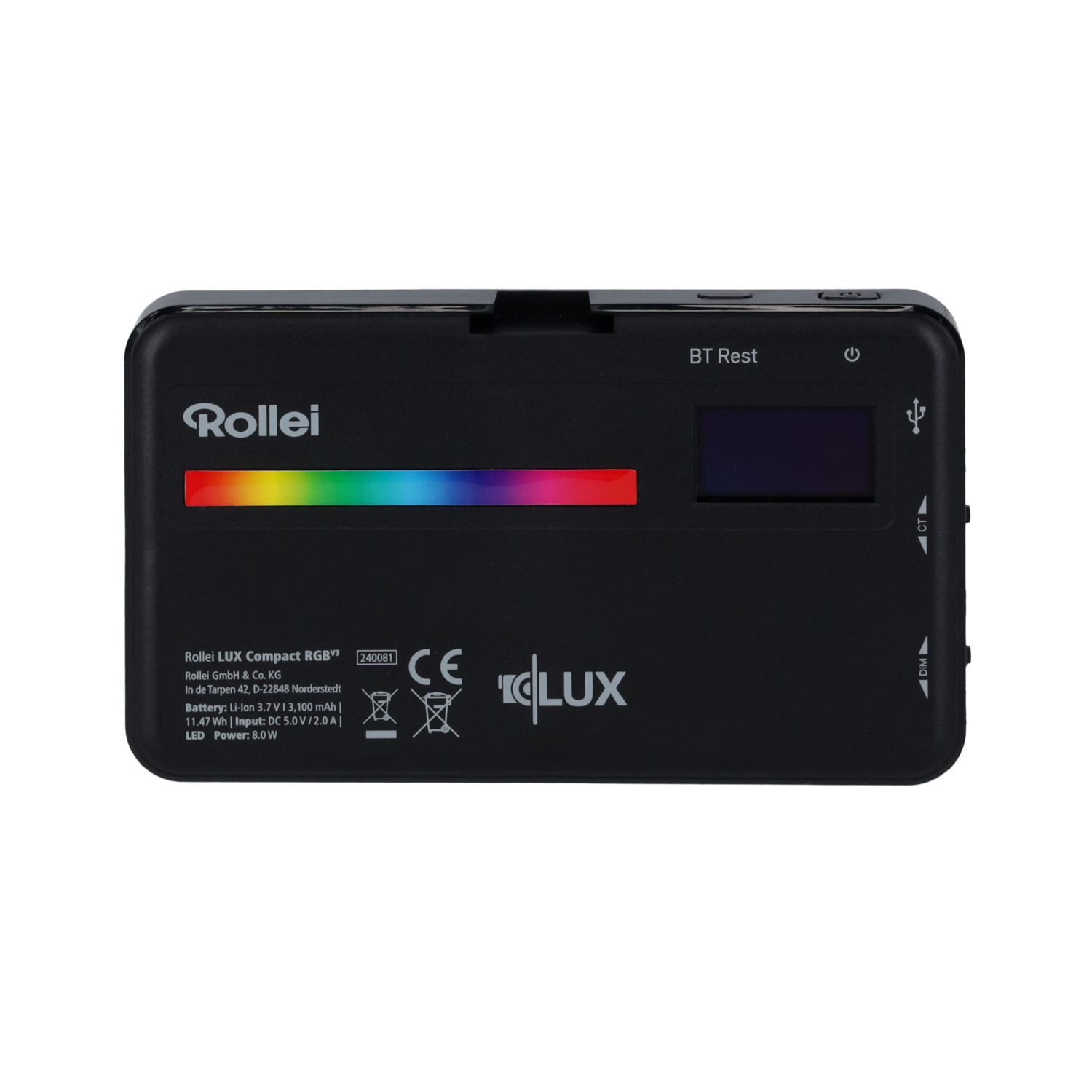 Black Rollei LUX Compact RGB light. Displays color spectrum and LCD. Buttons and ports are visible.