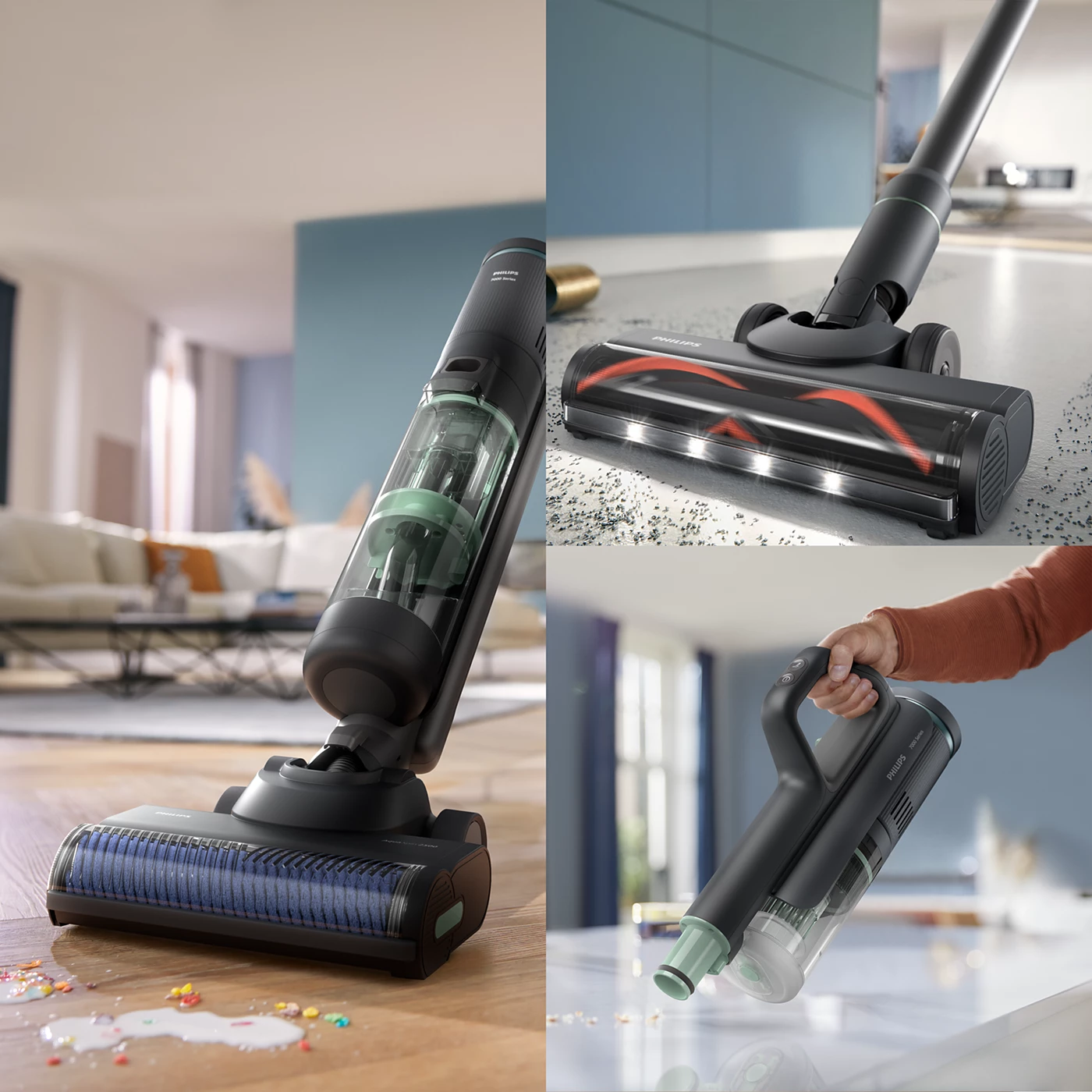 Diverses vues d'un aspirateur noir et vert, montrant les composants et l'utilisation.
