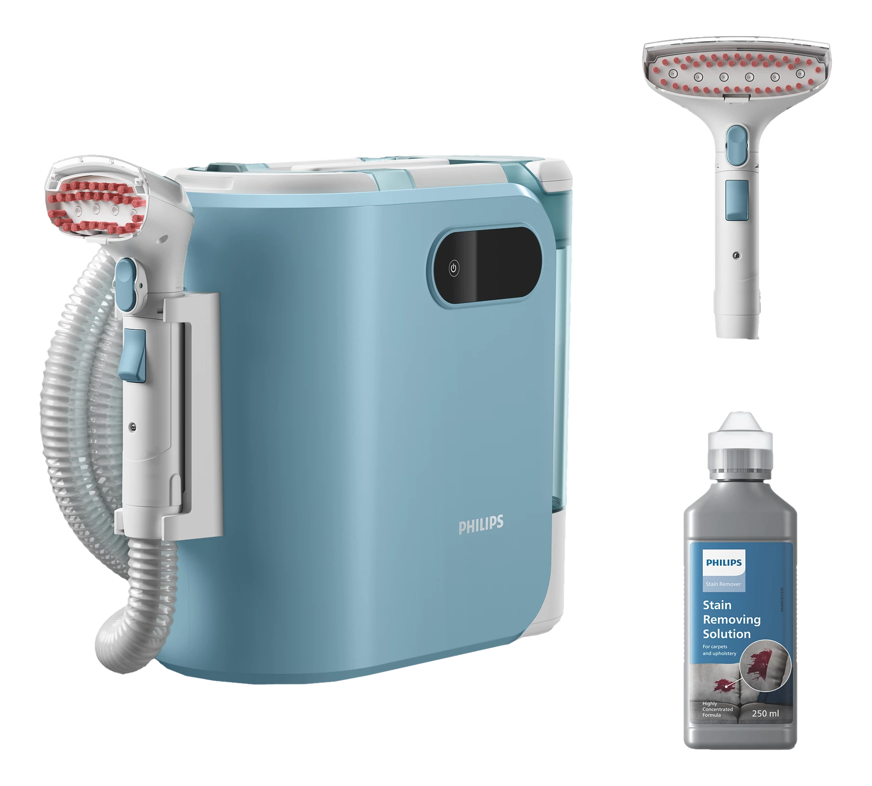 Blauer Philips Dampfreiniger mit Aufsätzen und einer Fleckenentfernungslösung.