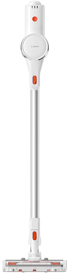 Un aspirateur grand blanc et argenté sur fond blanc.