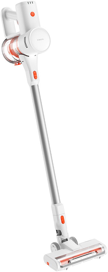 Un aspirateur-balai blanc et orange sur fond blanc.