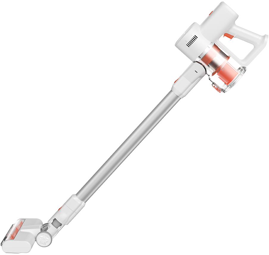 Aspirateur sans fil blanc avec une tête de nettoyage rouge et blanche. Fond blanc.