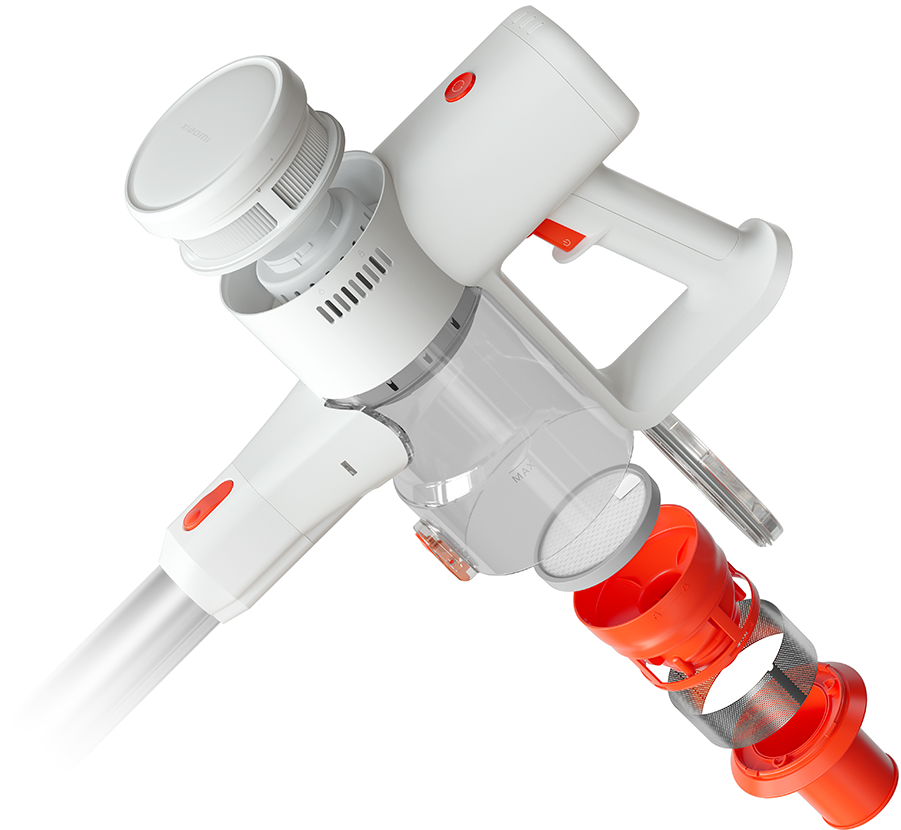 Un aspirateur sans fil blanc et orange, avec ses composants partiellement explosés.