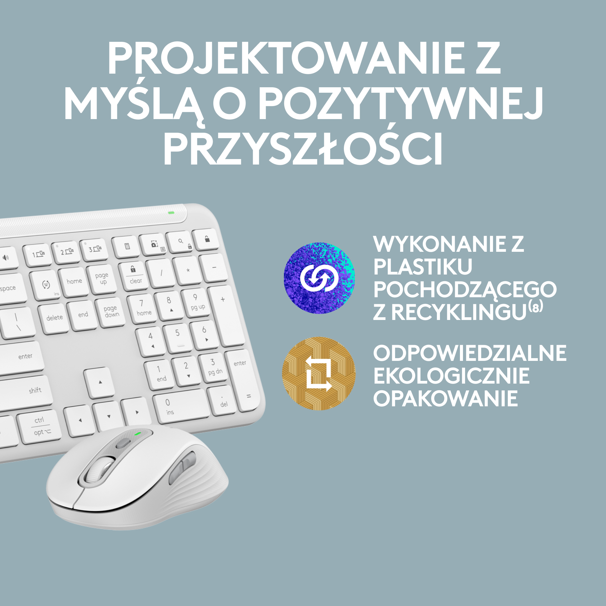 Biała klawiatura i mysz z tekstem o pozytywnej przyszłości i recyklingu.