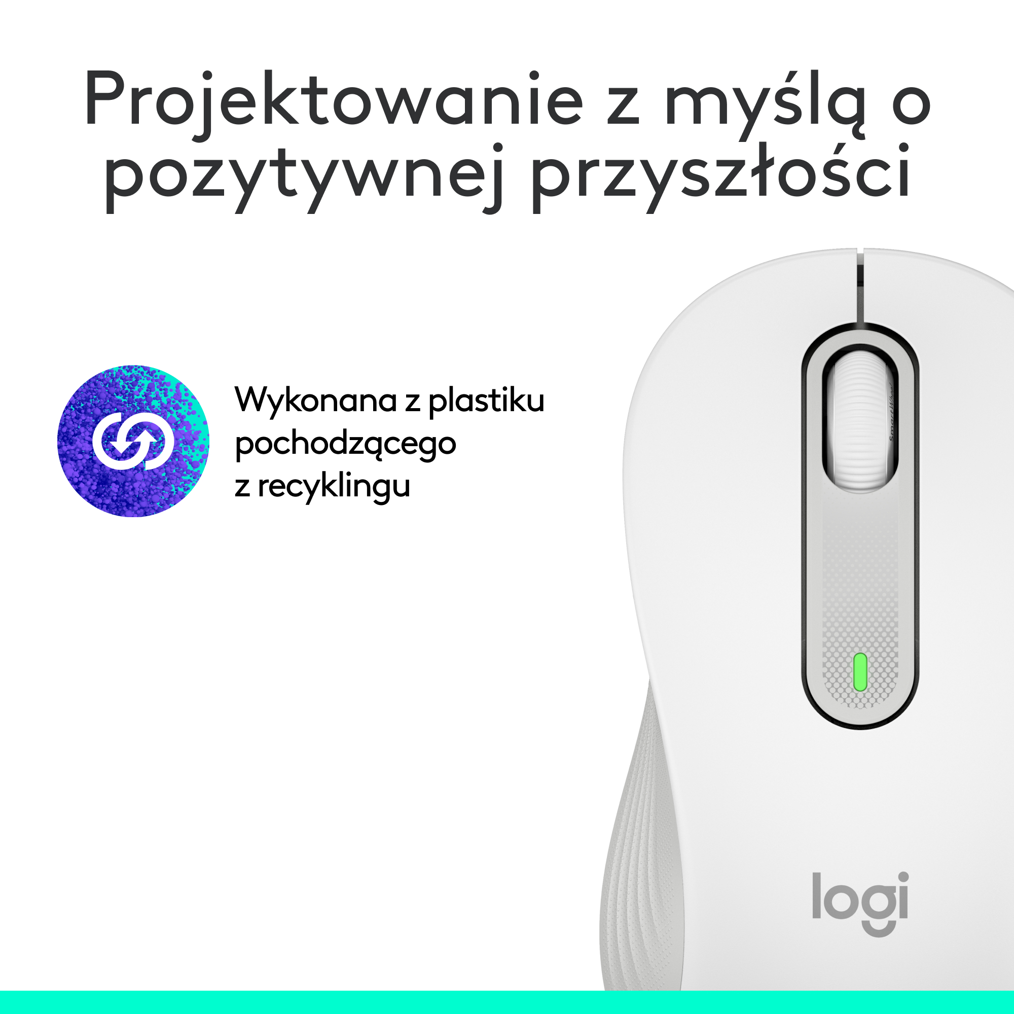 Biała mysz Logitech z logo recyklingu i logo Logitech.